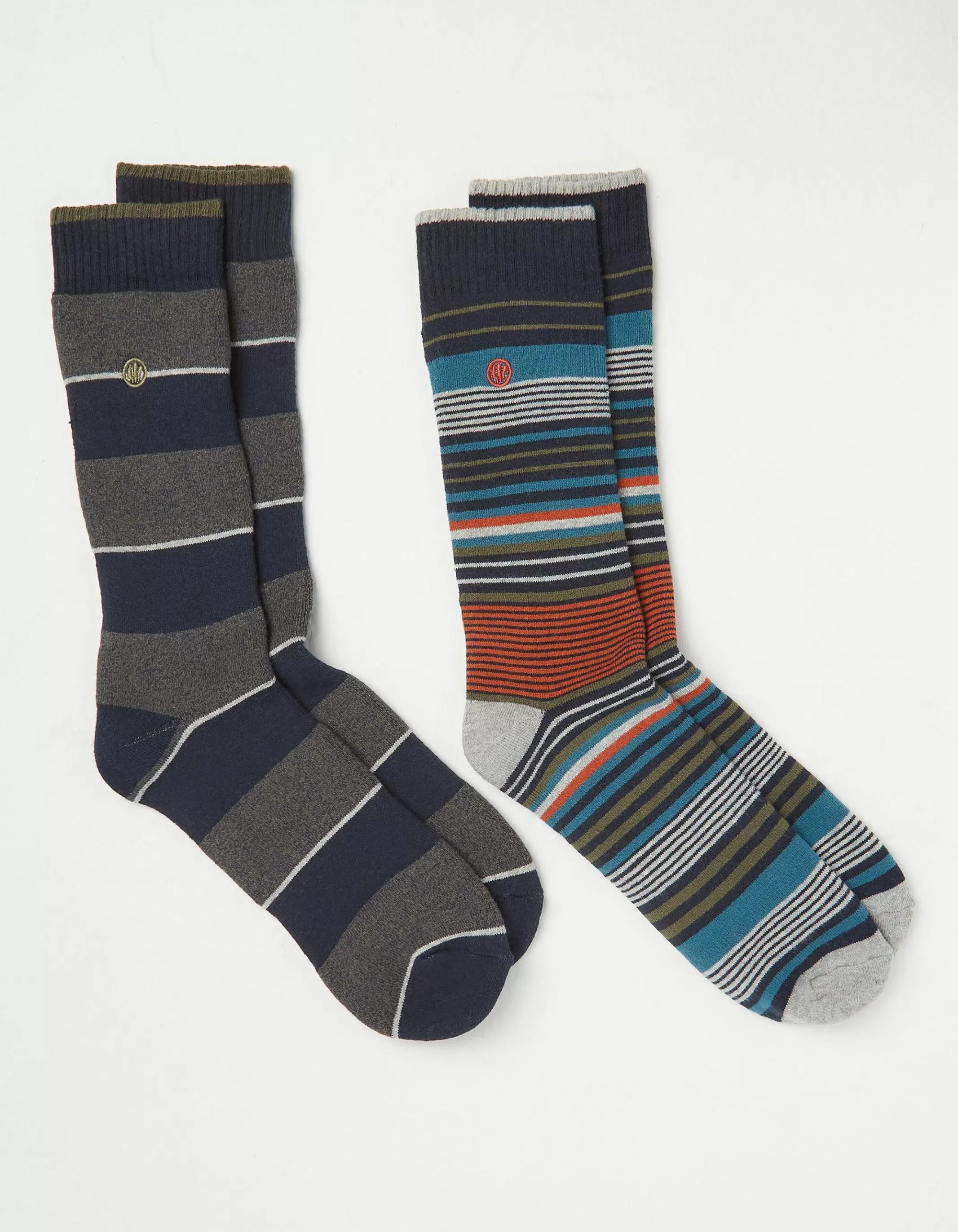 Clearance FatFace 2 Pack Thermal Stripe Boot Socks Khaki Green