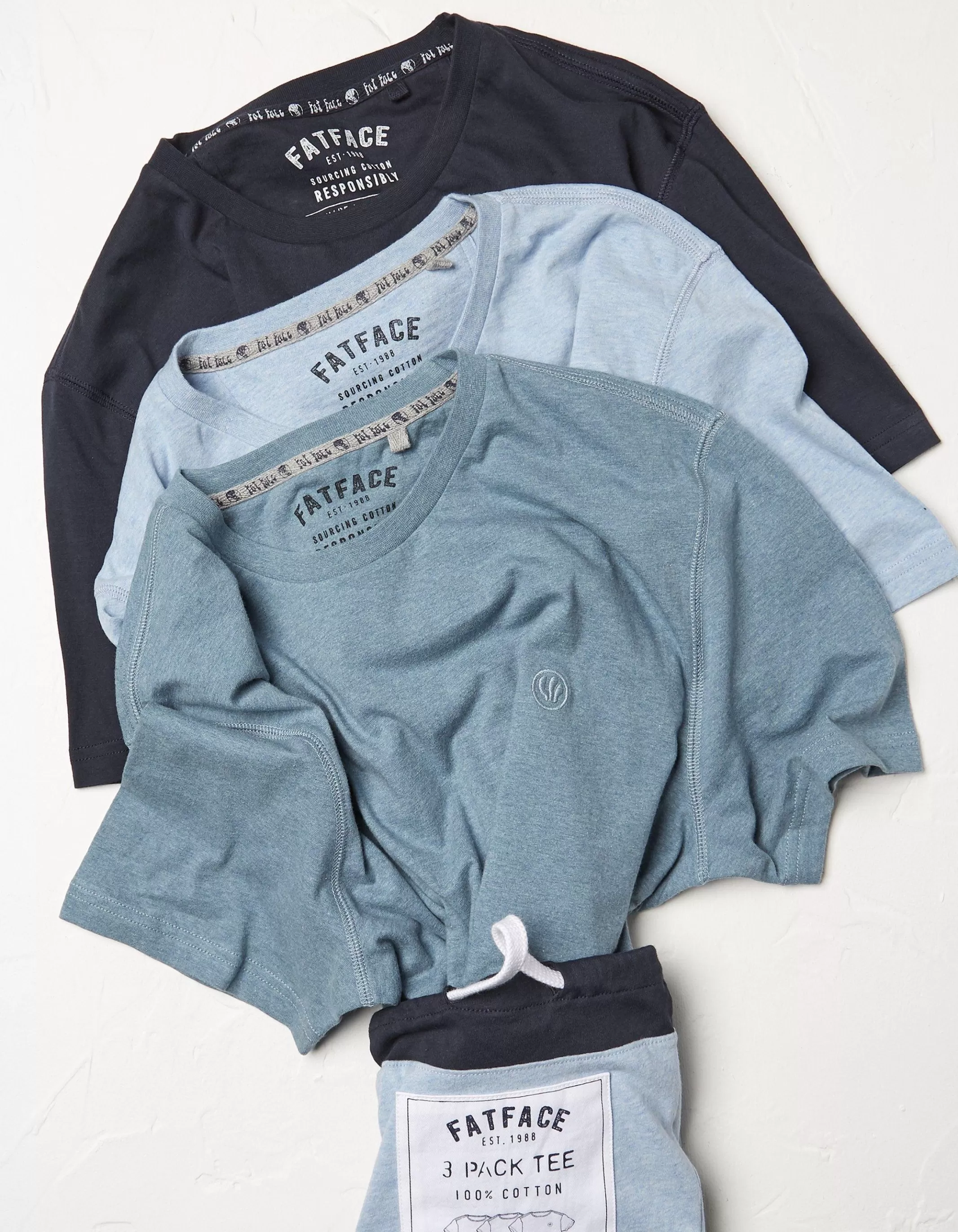 New FatFace 3 Pack Cotton T-Shirts Blue
