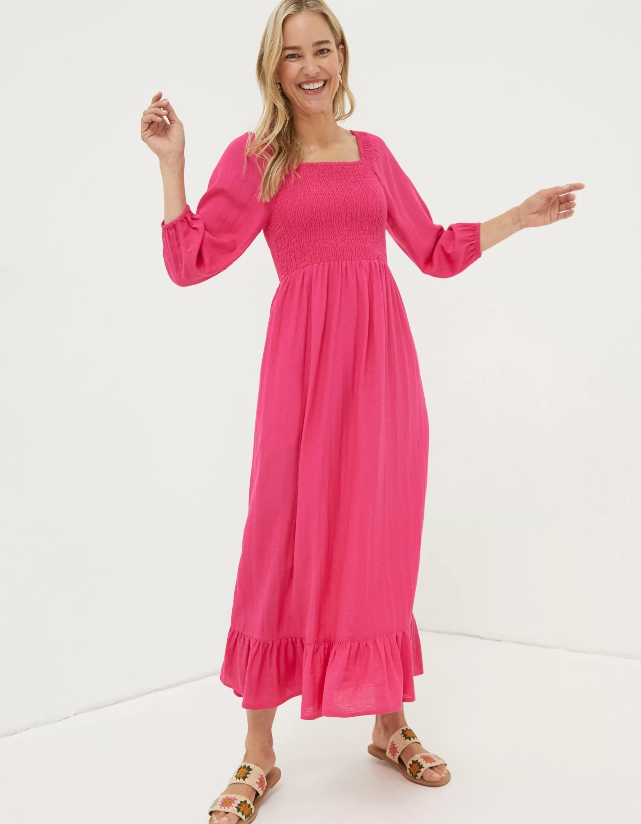 Hot FatFace Adele Shirred Midi Dress Bright Pink