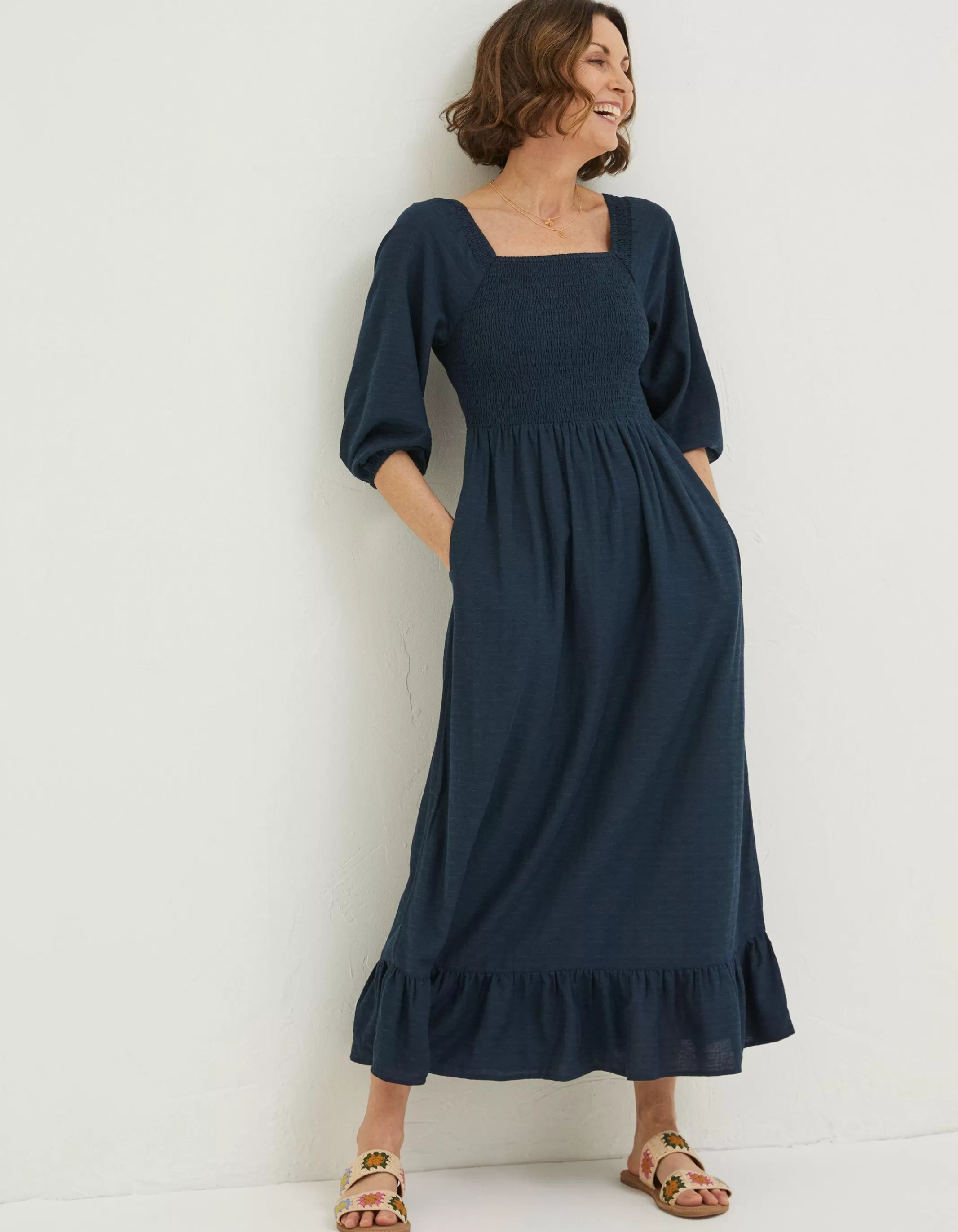 Hot FatFace Adele Shirred Midi Dress Navy