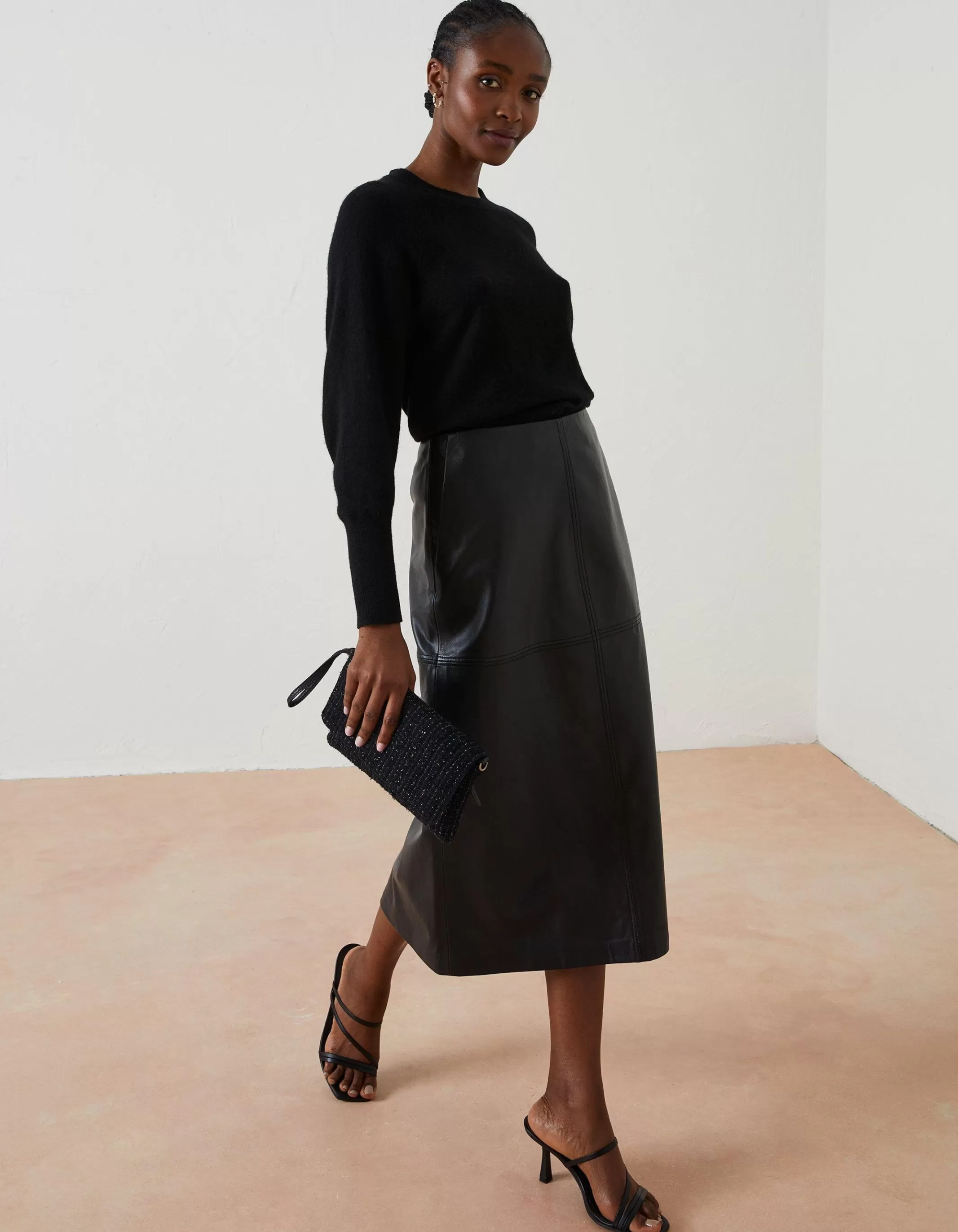 Fashion FatFace Anya Leather Midi Skirt Black