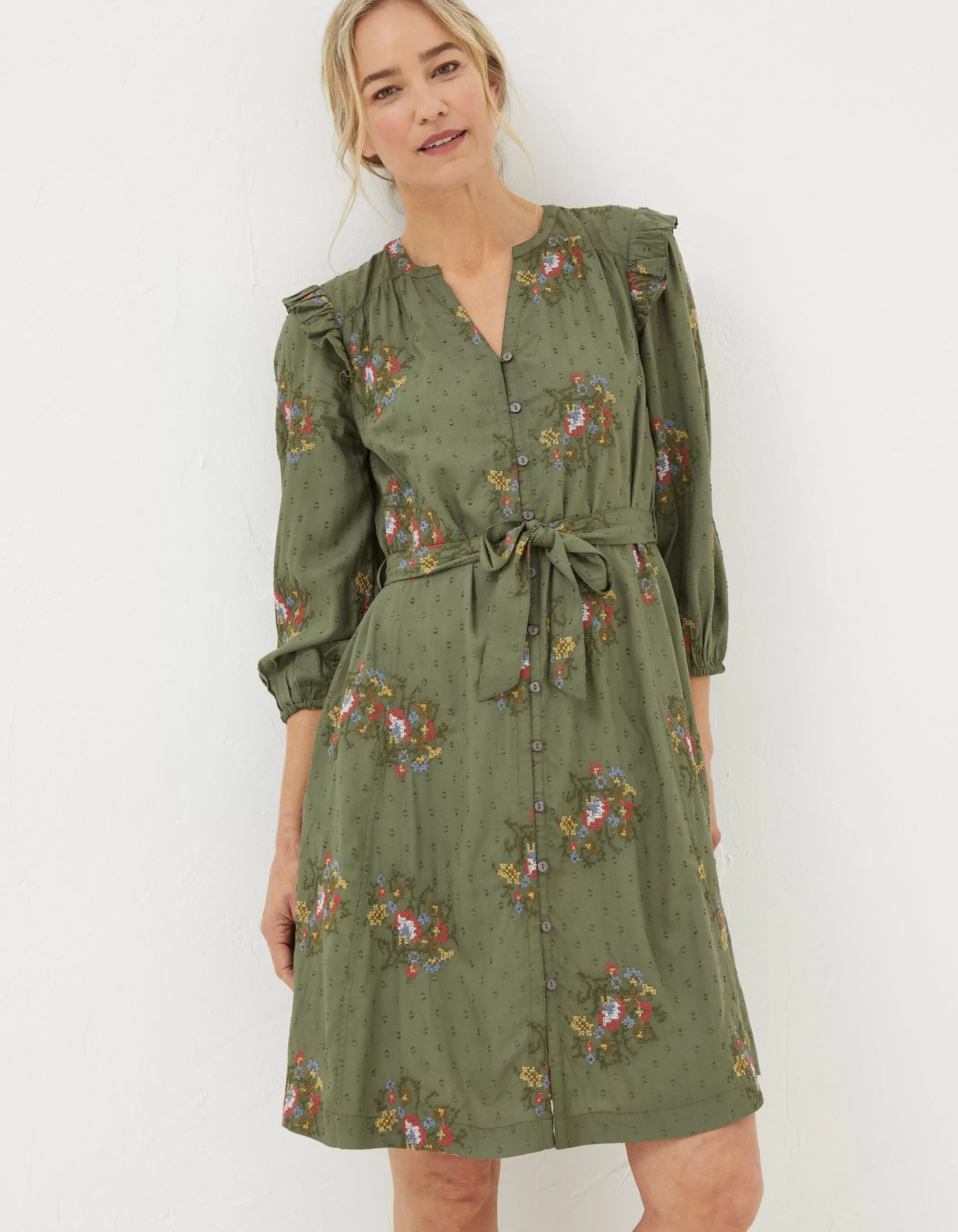 Cheap FatFace Bernie Embroidered Shirt Dress Light Olive