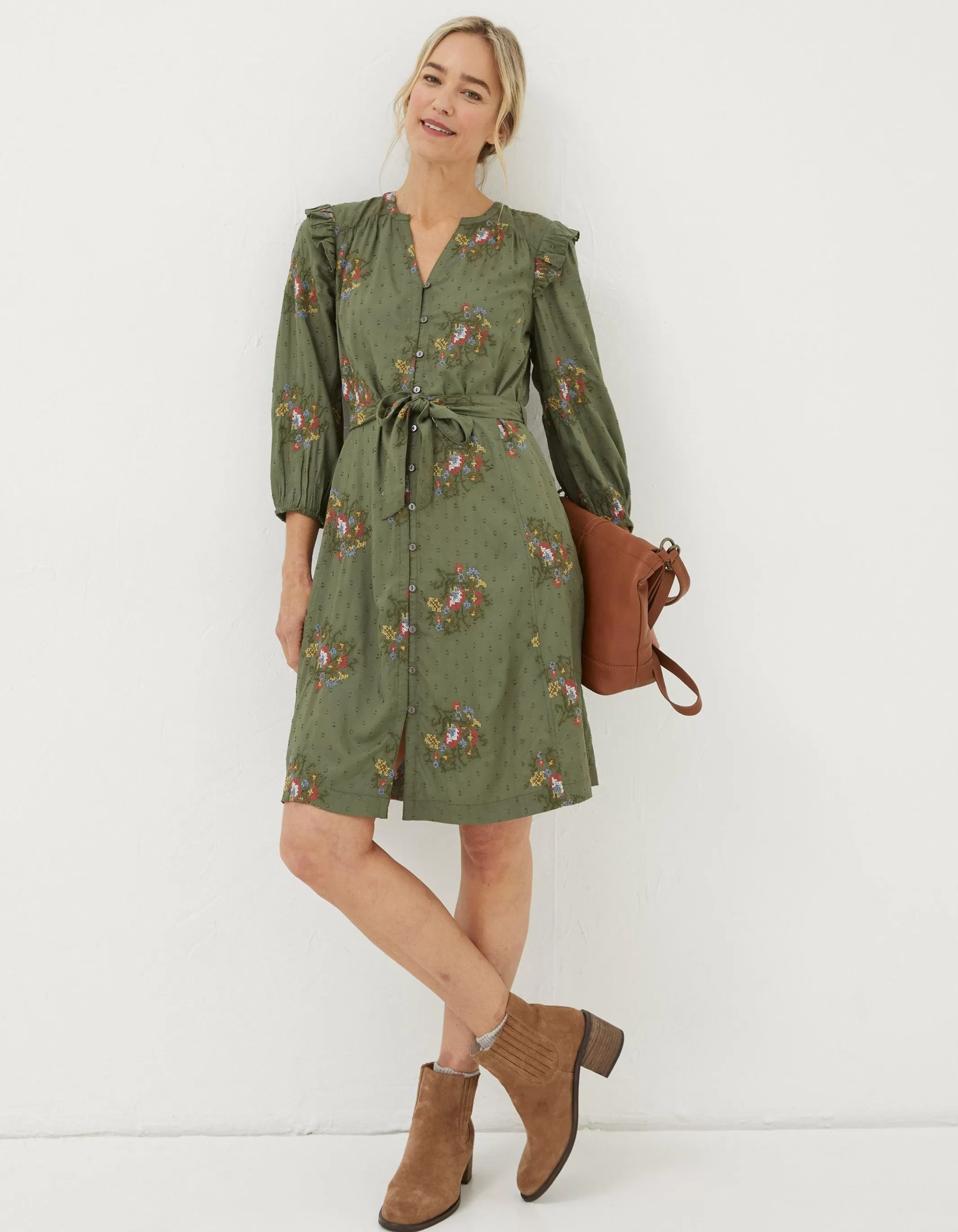 Cheap FatFace Bernie Embroidered Shirt Dress Light Olive