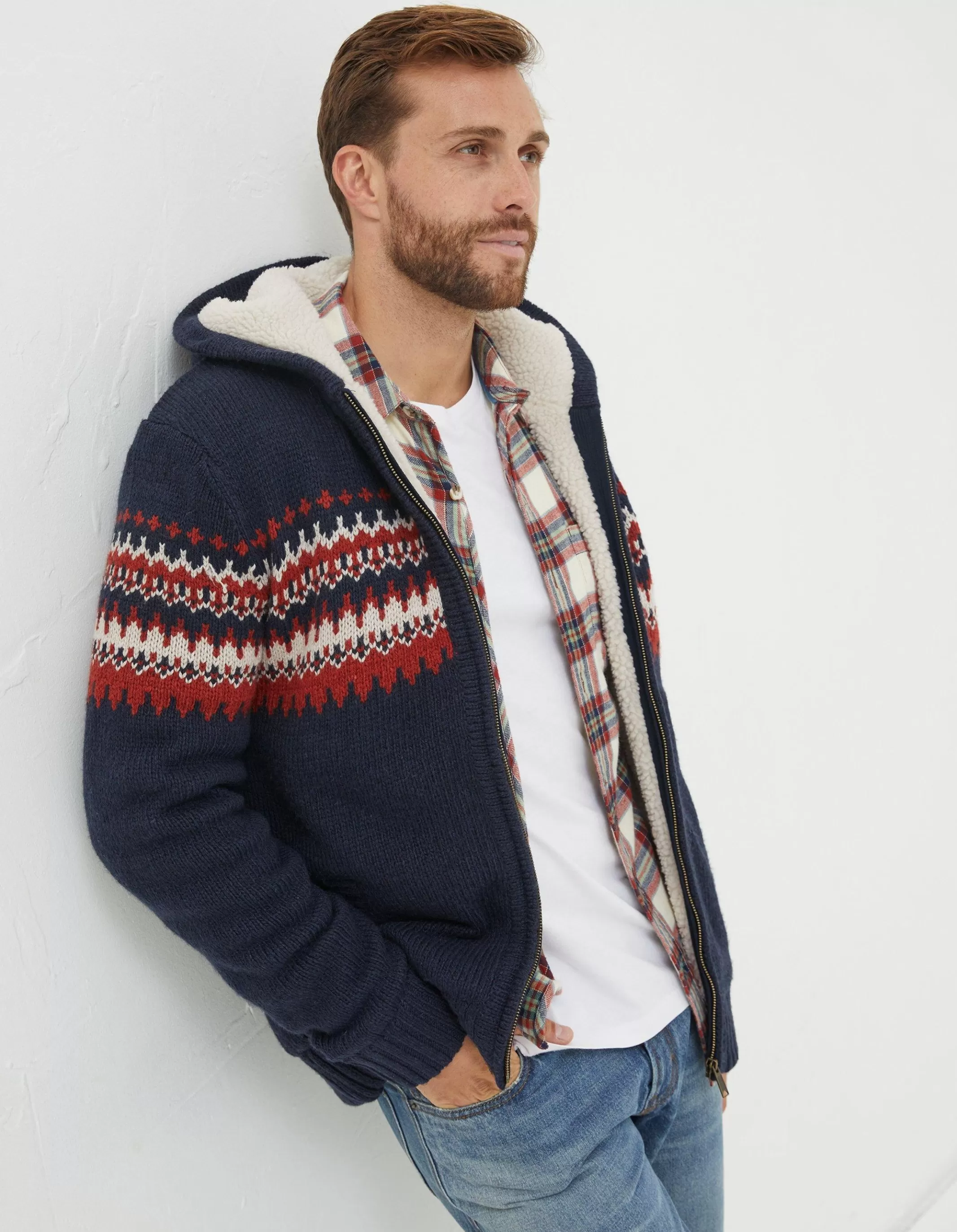 Shop FatFace Borg Lined Fairisle Hoodie Navy