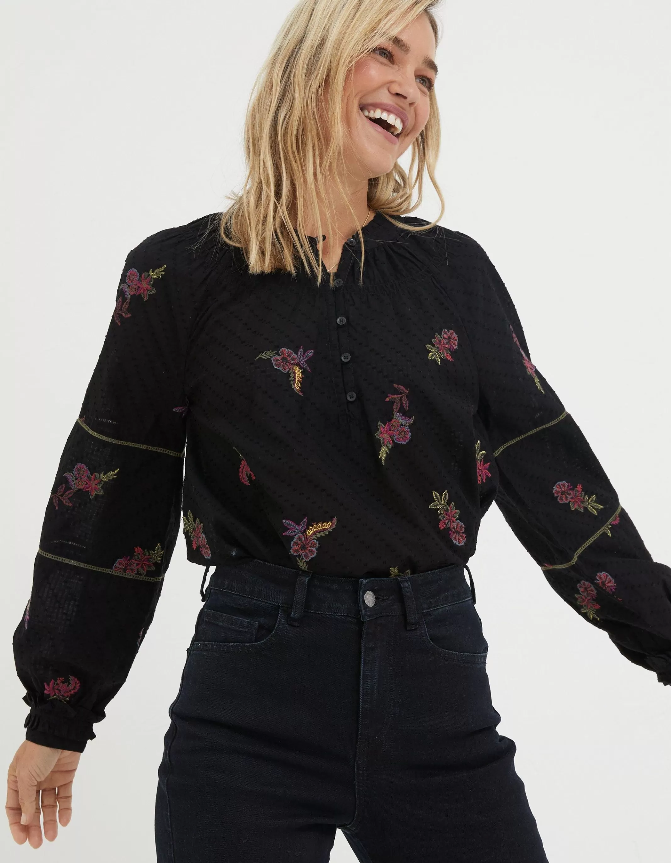 New FatFace Chessie Embroidered Blouse Black