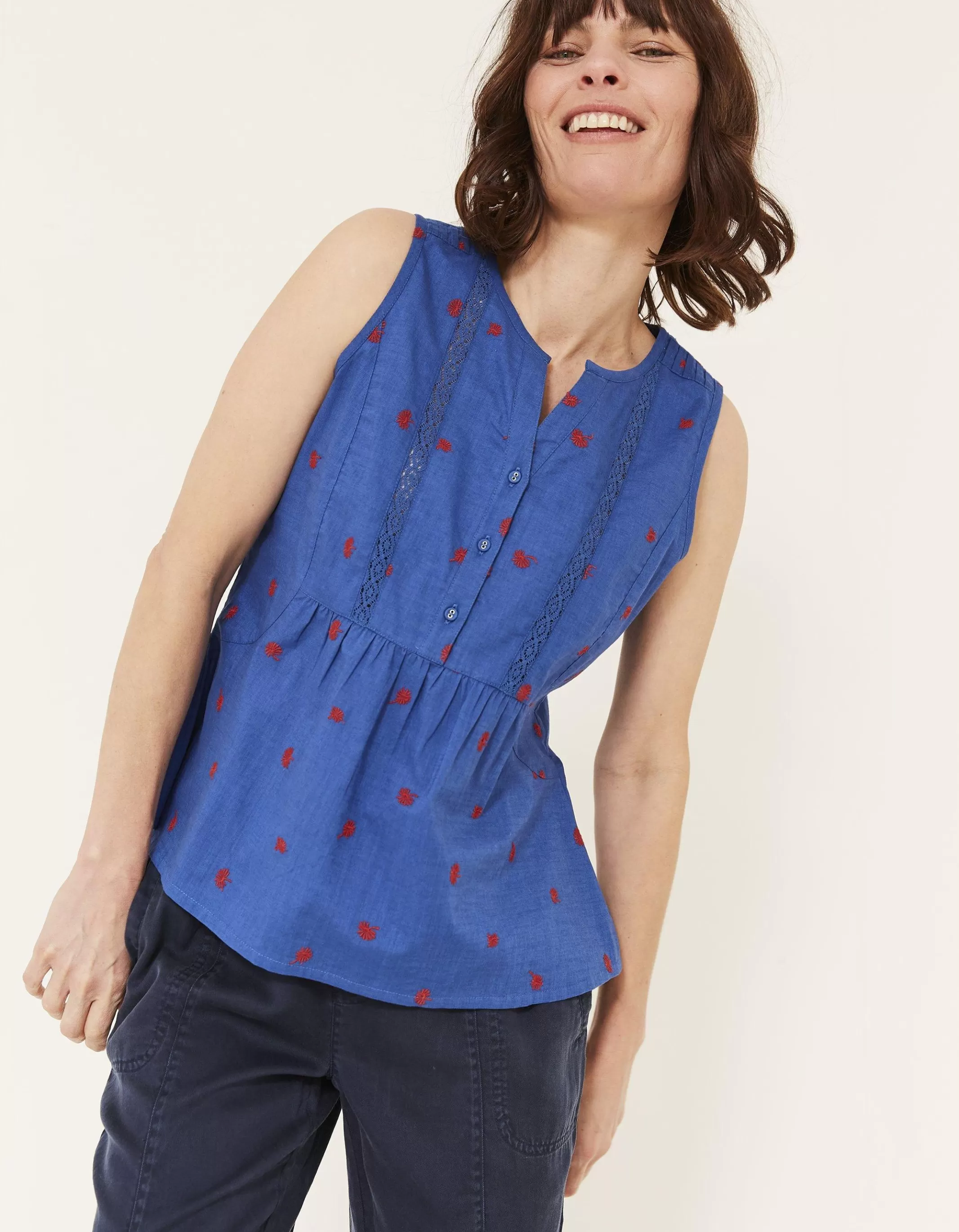 Sale FatFace Ella Embroidered Daisy Cami Cornflower