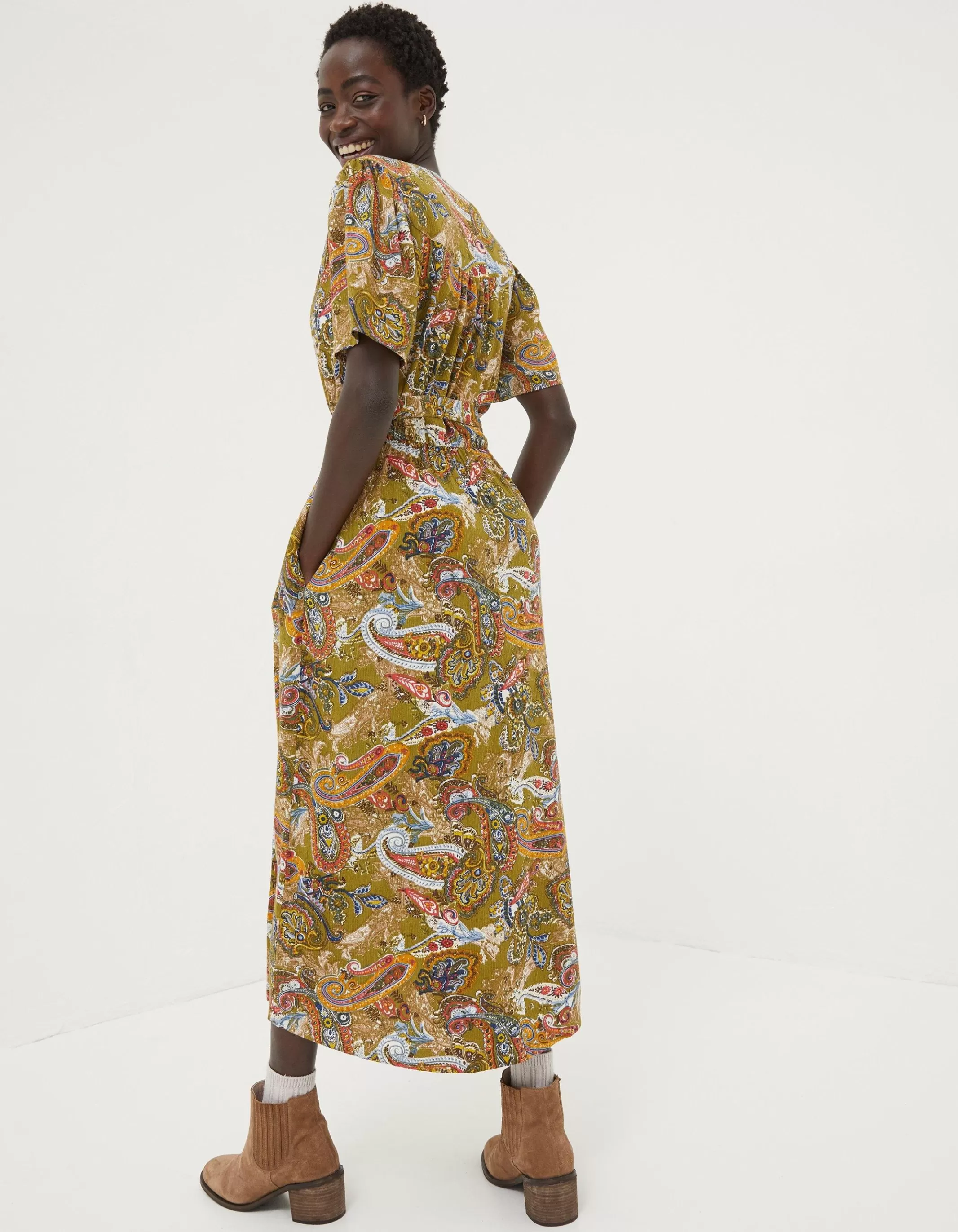 Discount FatFace Estelle Paisley Midi Tea Dress Light Olive