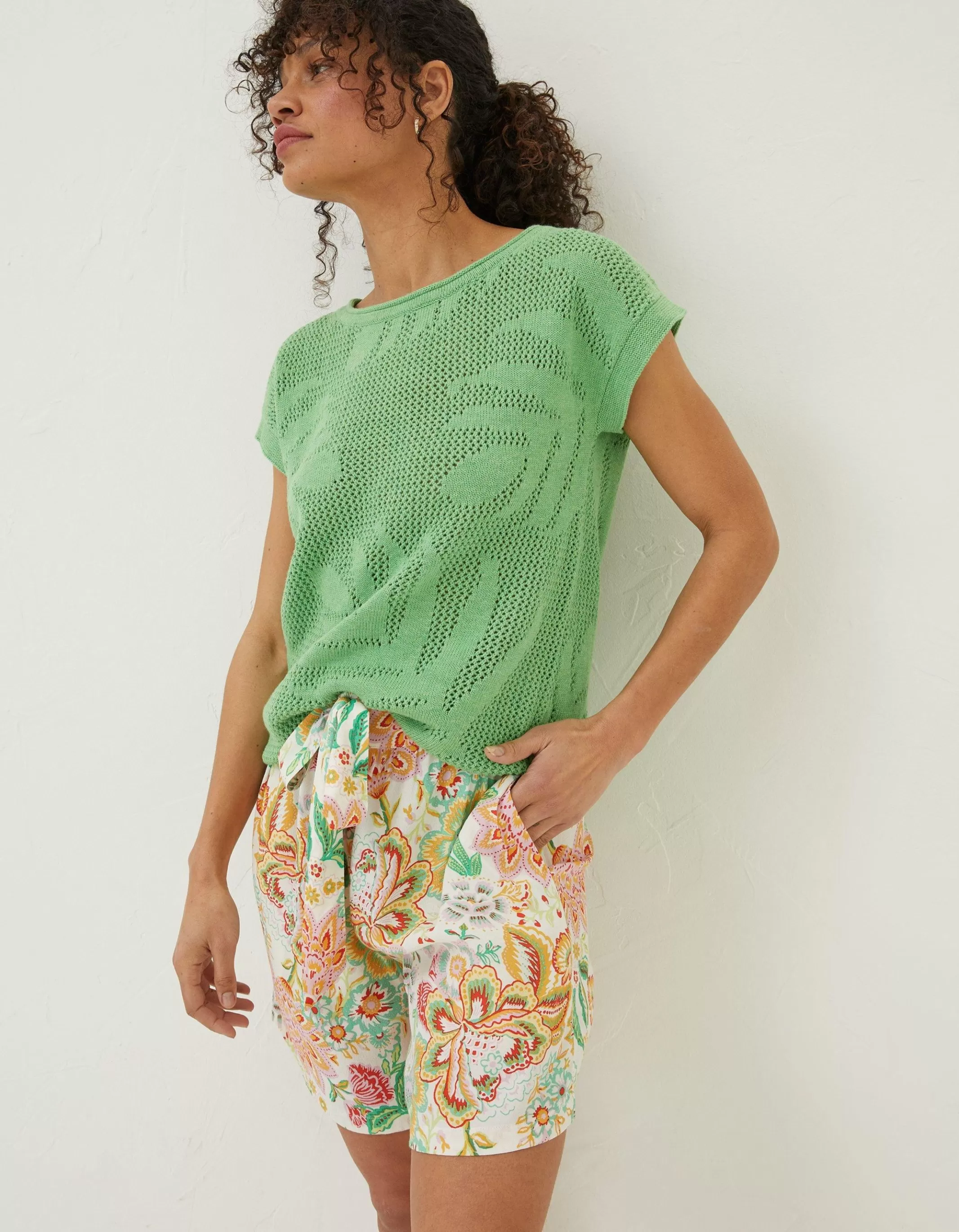 Online FatFace Faye Palm Button Back Top Bright Green