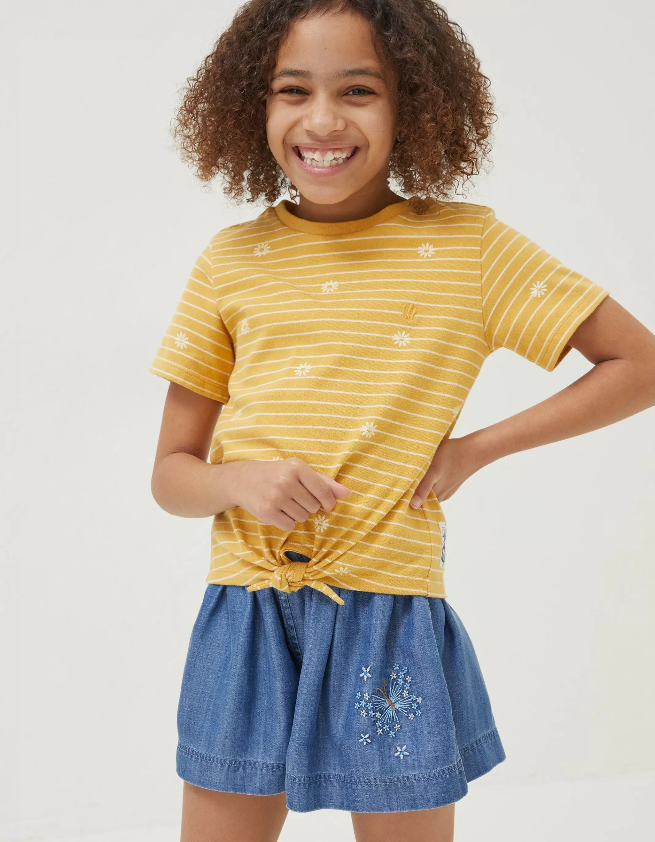 Online FatFace Floral Stripe Jersey T-Shirt Golden Yellow