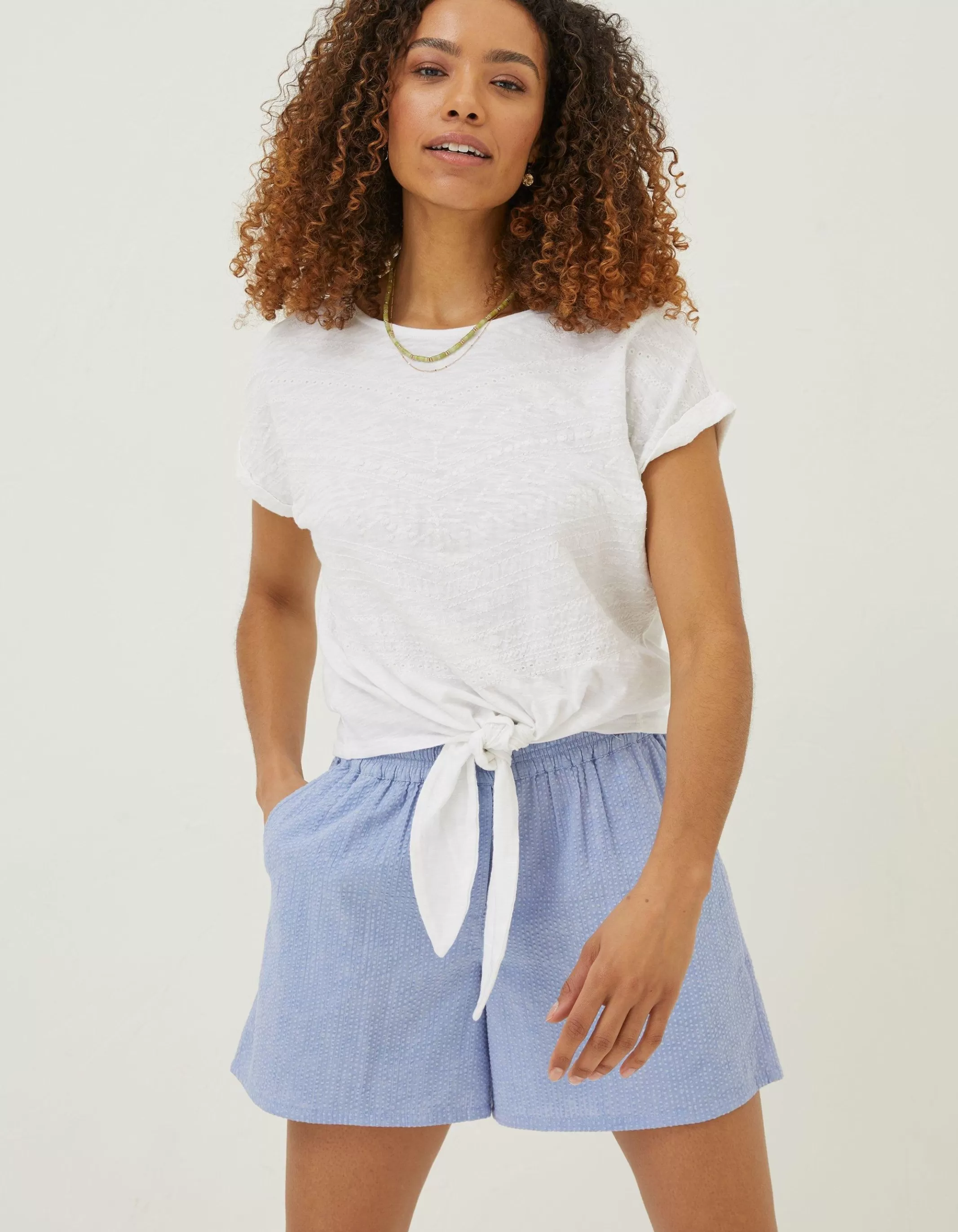Clearance FatFace Fran Broderie Tie Front Top White
