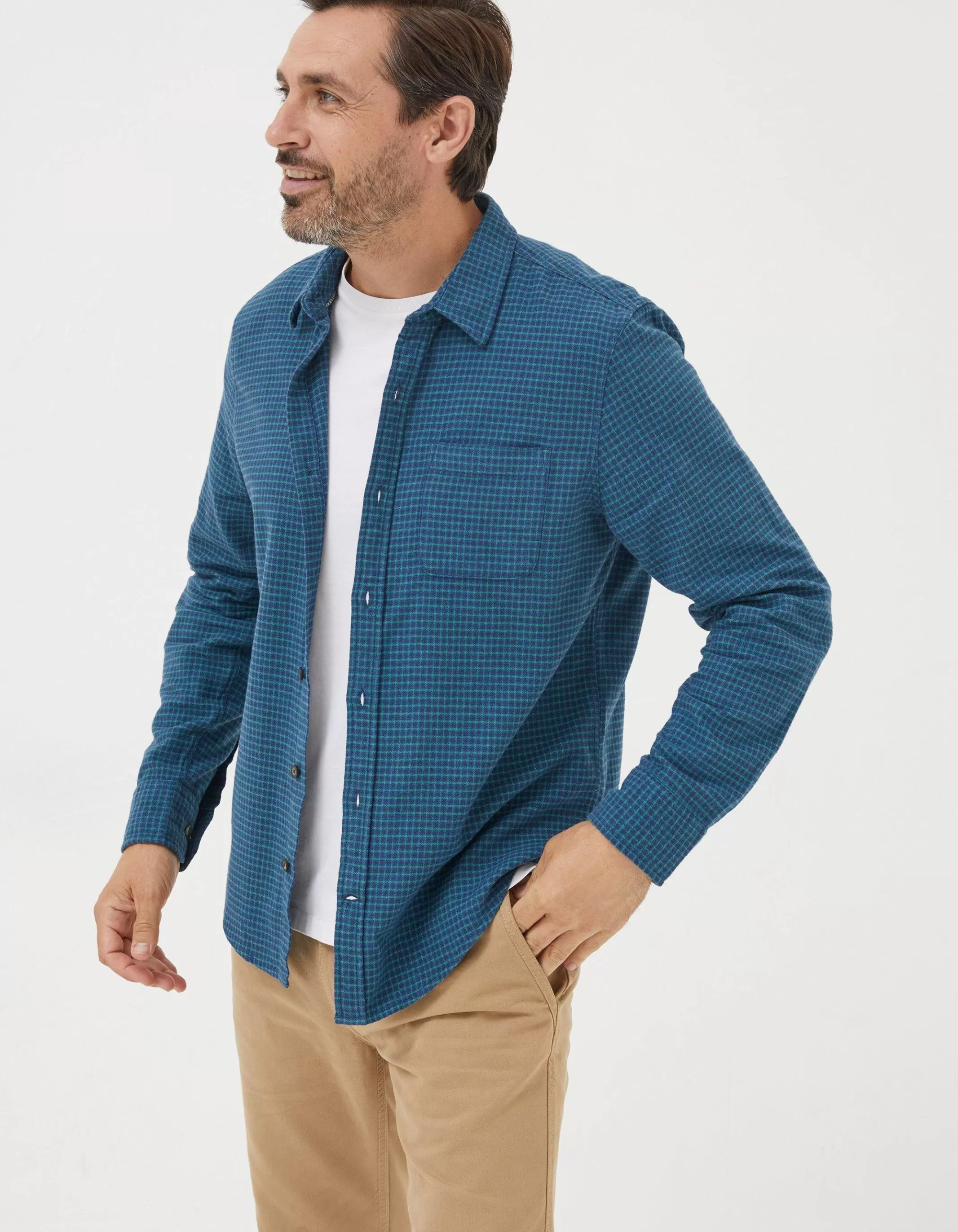 Cheap FatFace Glynde Grid Check Shirt Teal Green