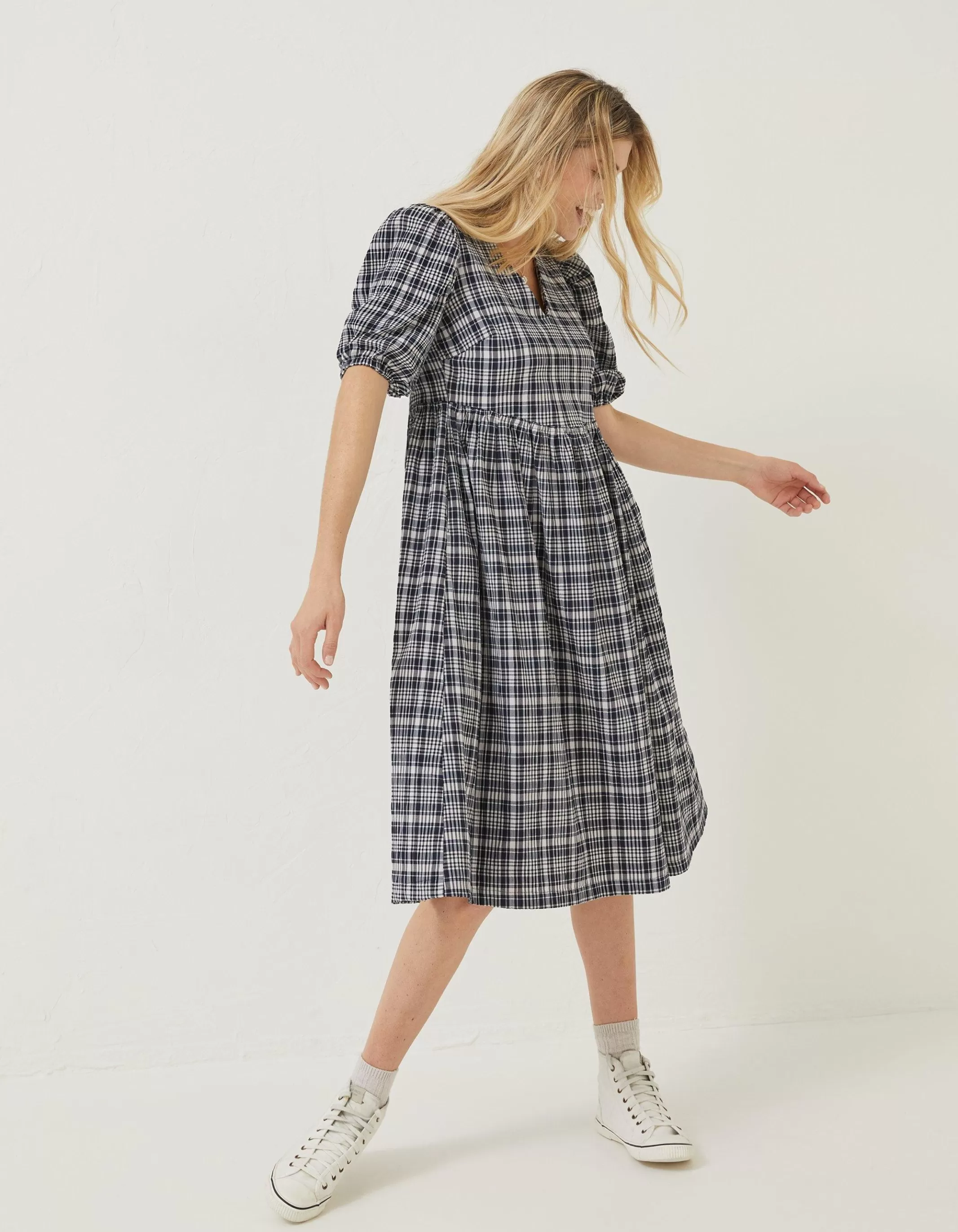 Outlet FatFace Hannah Puff Sleeve Check Midi Dress Navy
