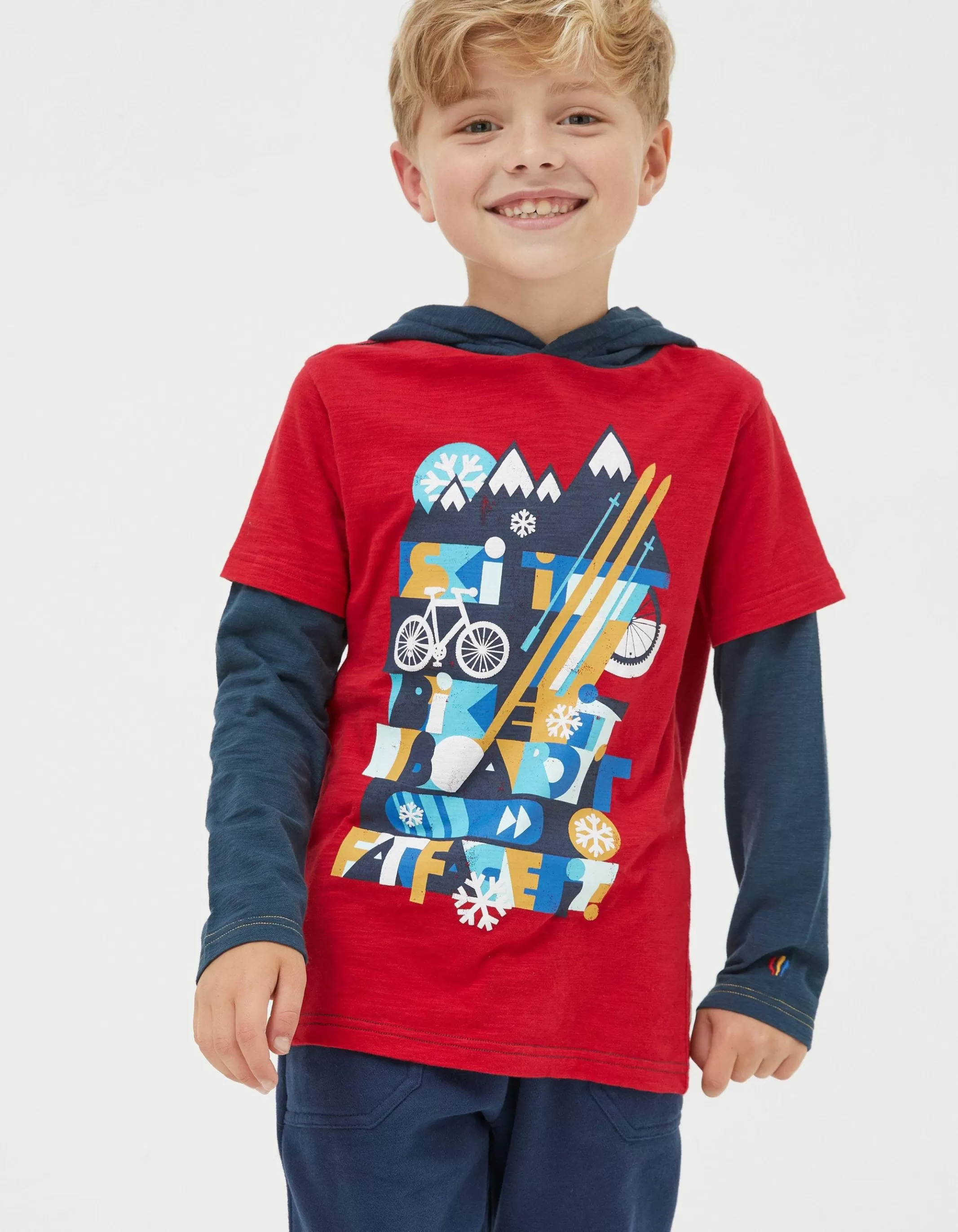 Hot FatFace Hooded Ski Graphic T-Shirt Cherry Red