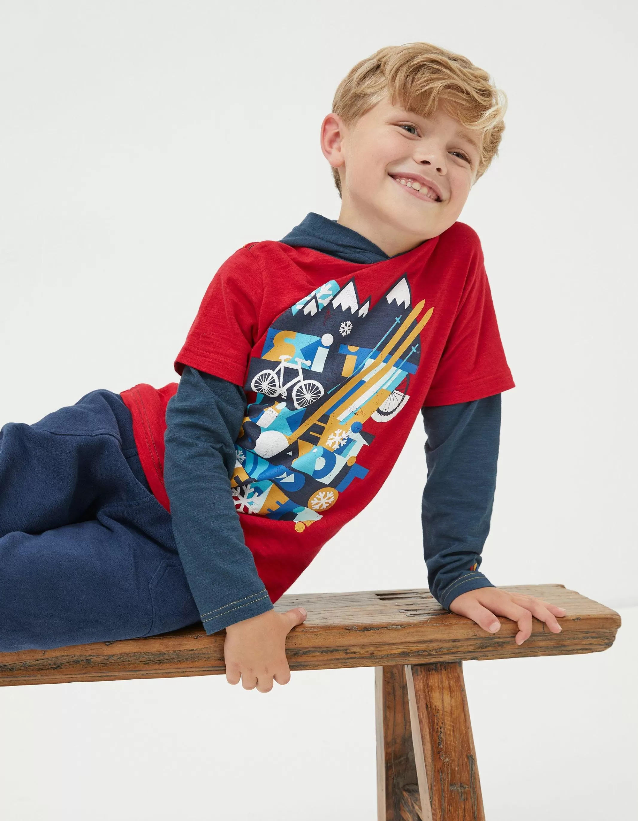 Hot FatFace Hooded Ski Graphic T-Shirt Cherry Red