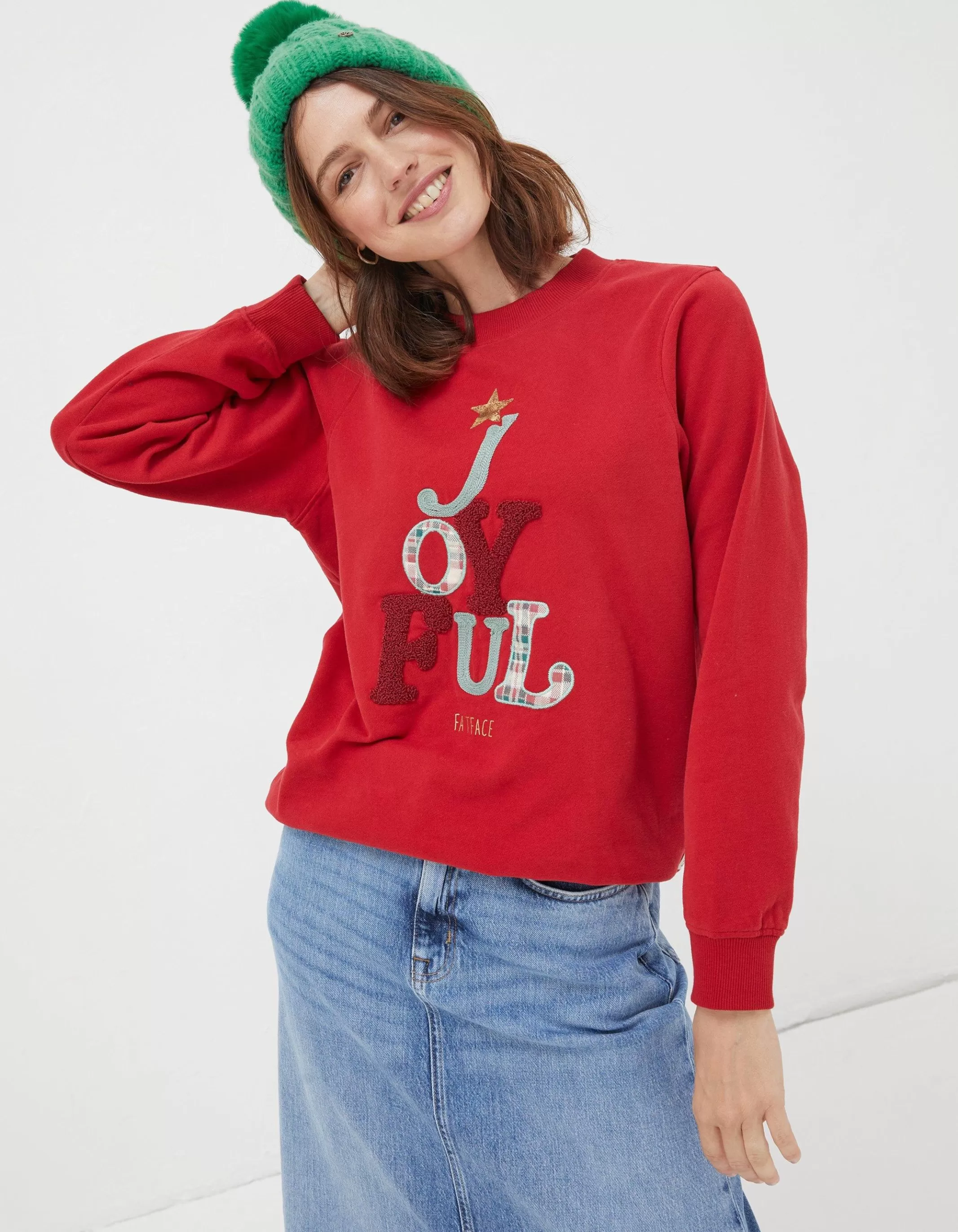 Hot FatFace Joyful Graphic Sweatshirt Cherry Red