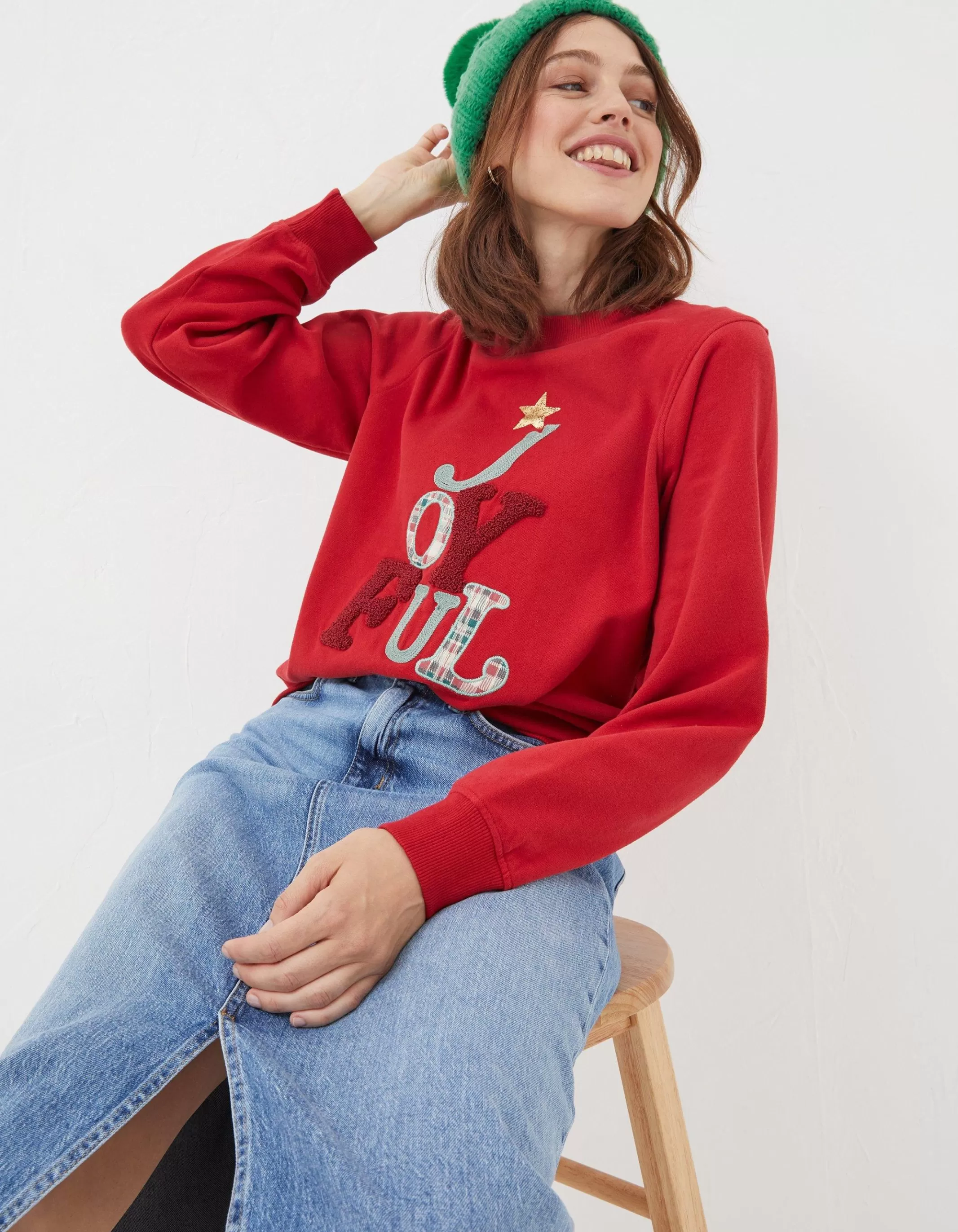 Hot FatFace Joyful Graphic Sweatshirt Cherry Red