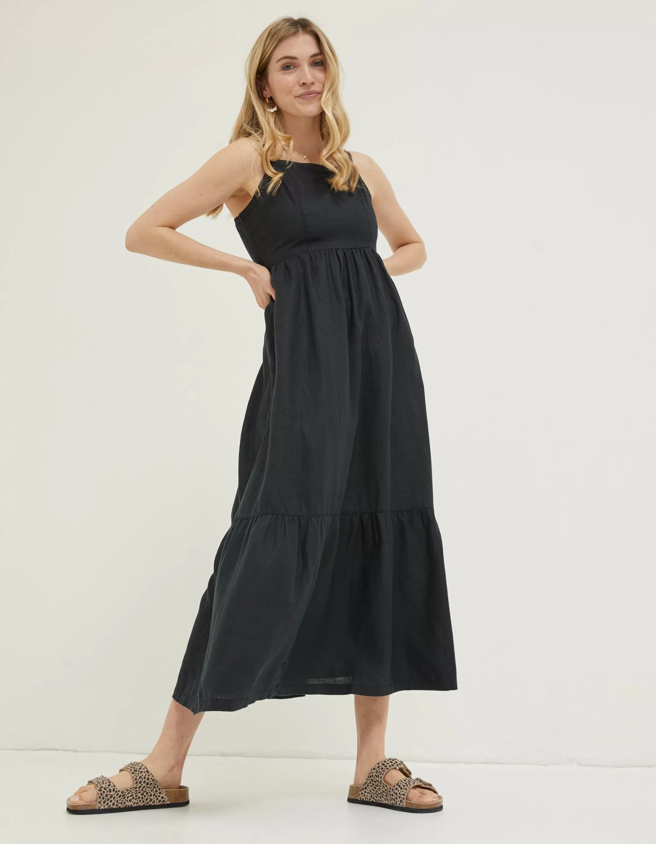 Shop FatFace Julien Tie Back Linen Midi Dress Black