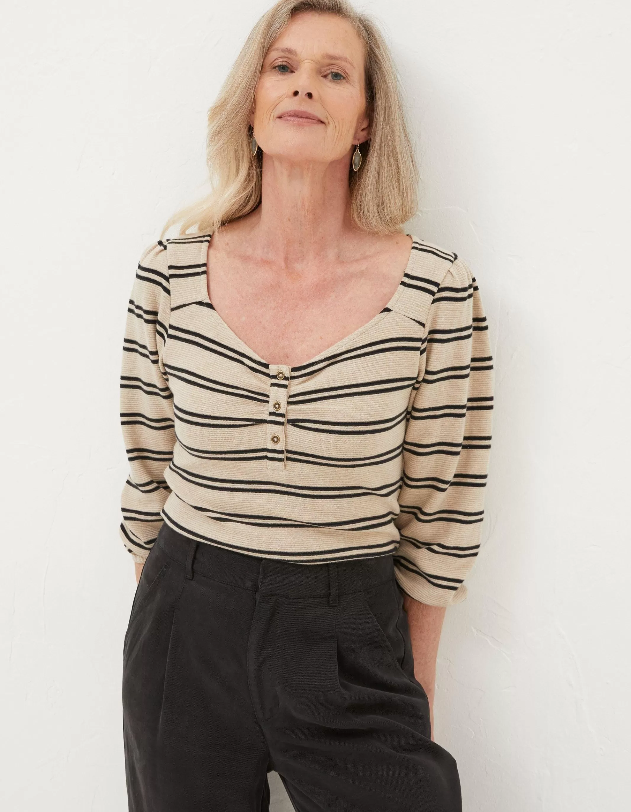 Sale FatFace Kara Stripe Henley Top Ivory