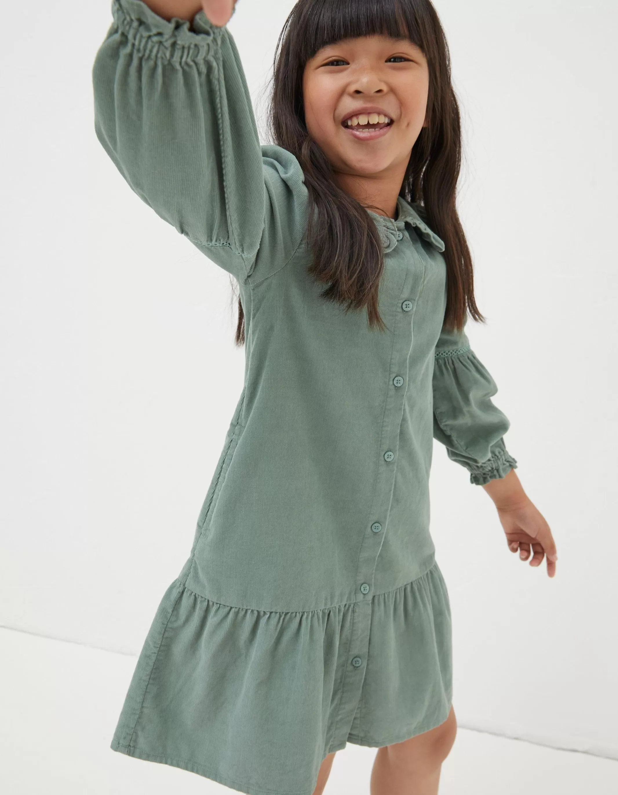 New FatFace Katy Collared Cord Dress Sage Green