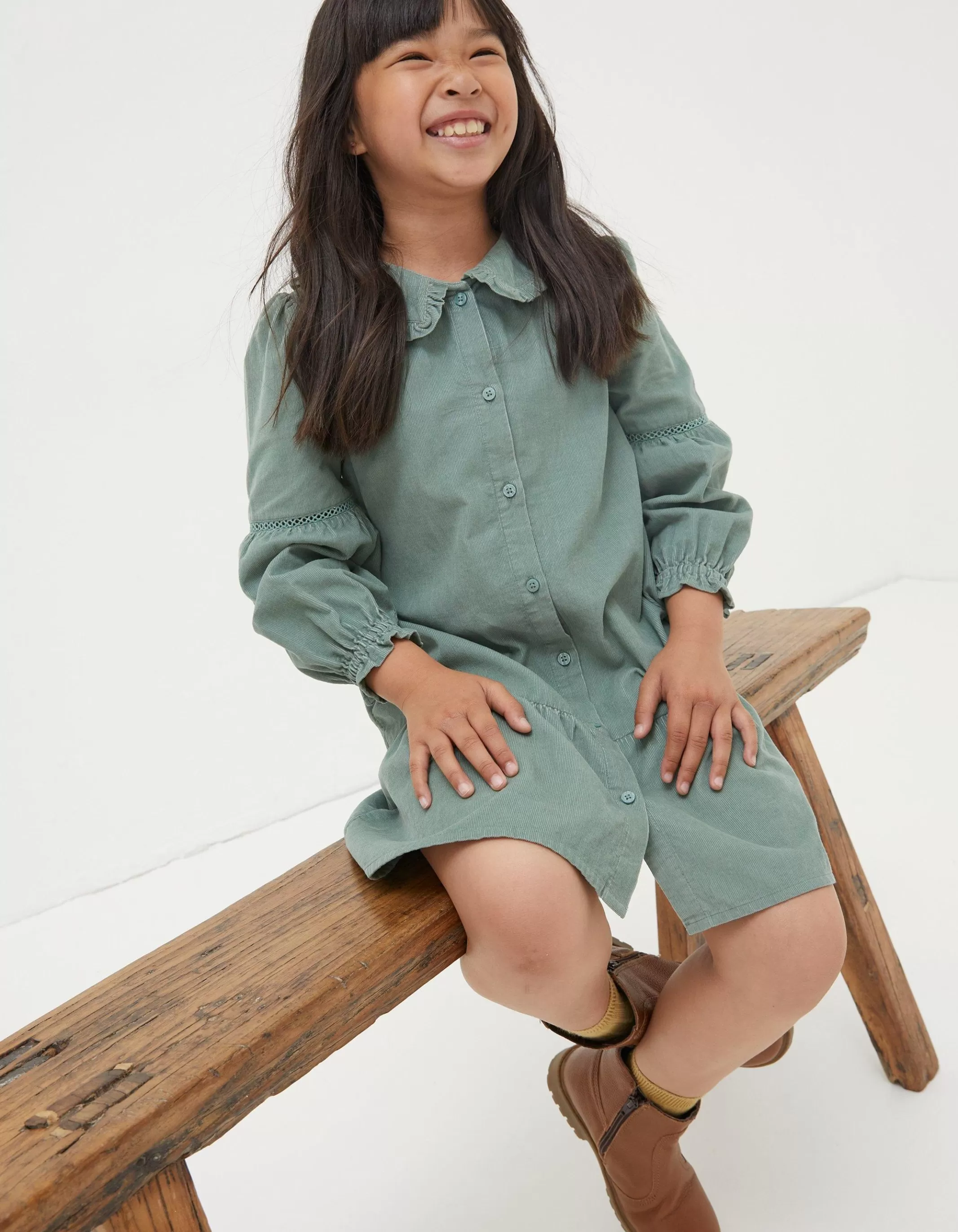 New FatFace Katy Collared Cord Dress Sage Green