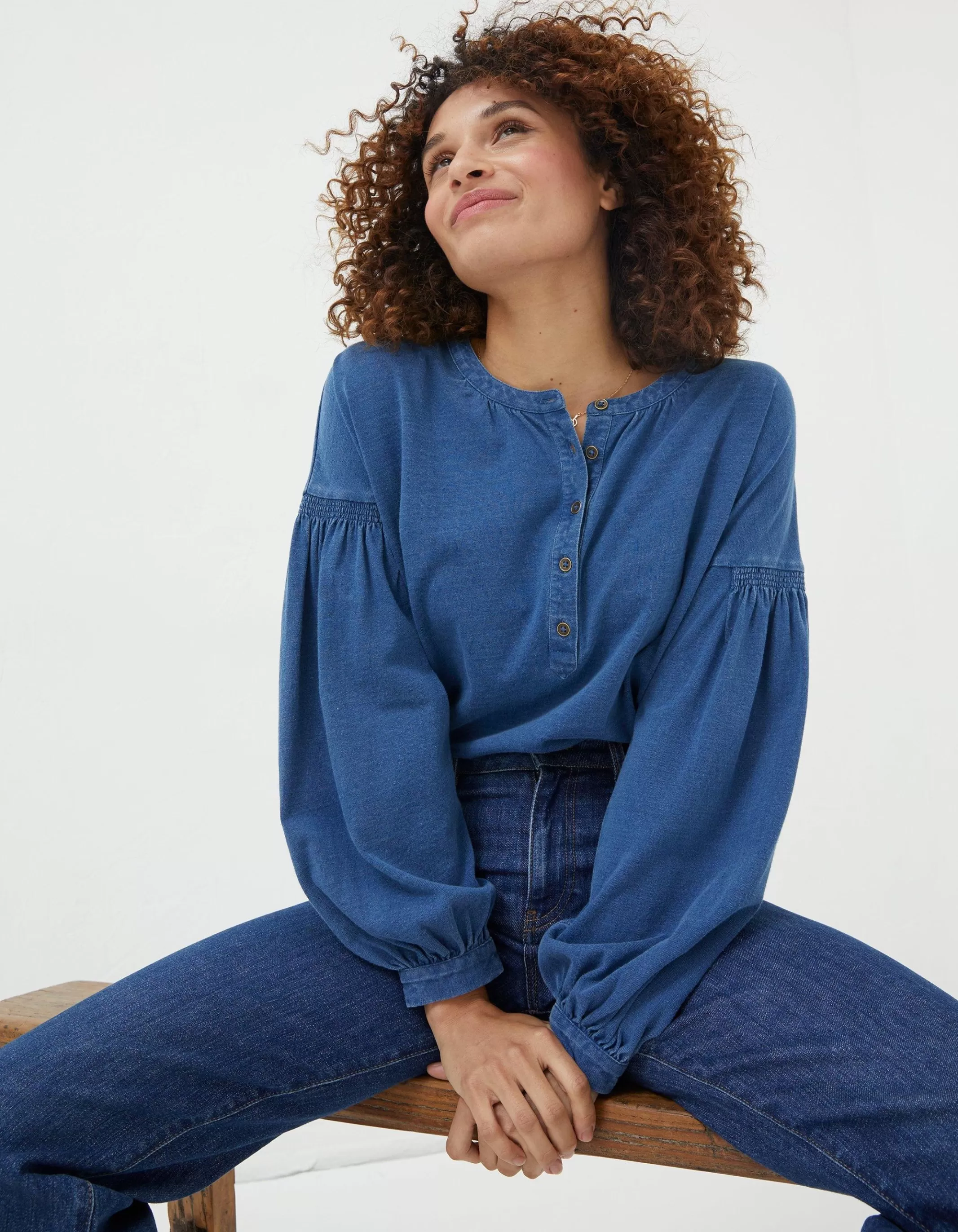 Cheap FatFace Keira Indigo Henley Top Indigo Blue
