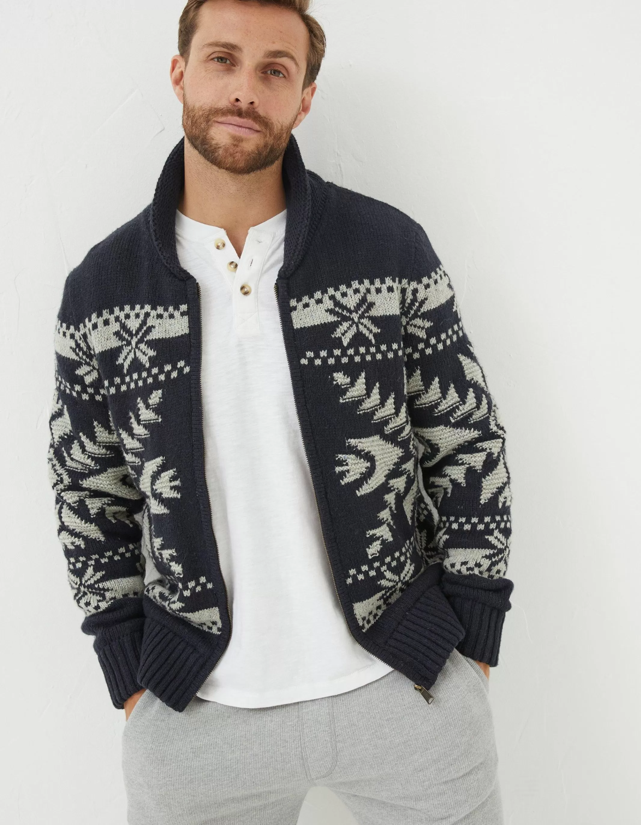 Cheap FatFace Lanark Shawl Pattern Cardigan Navy