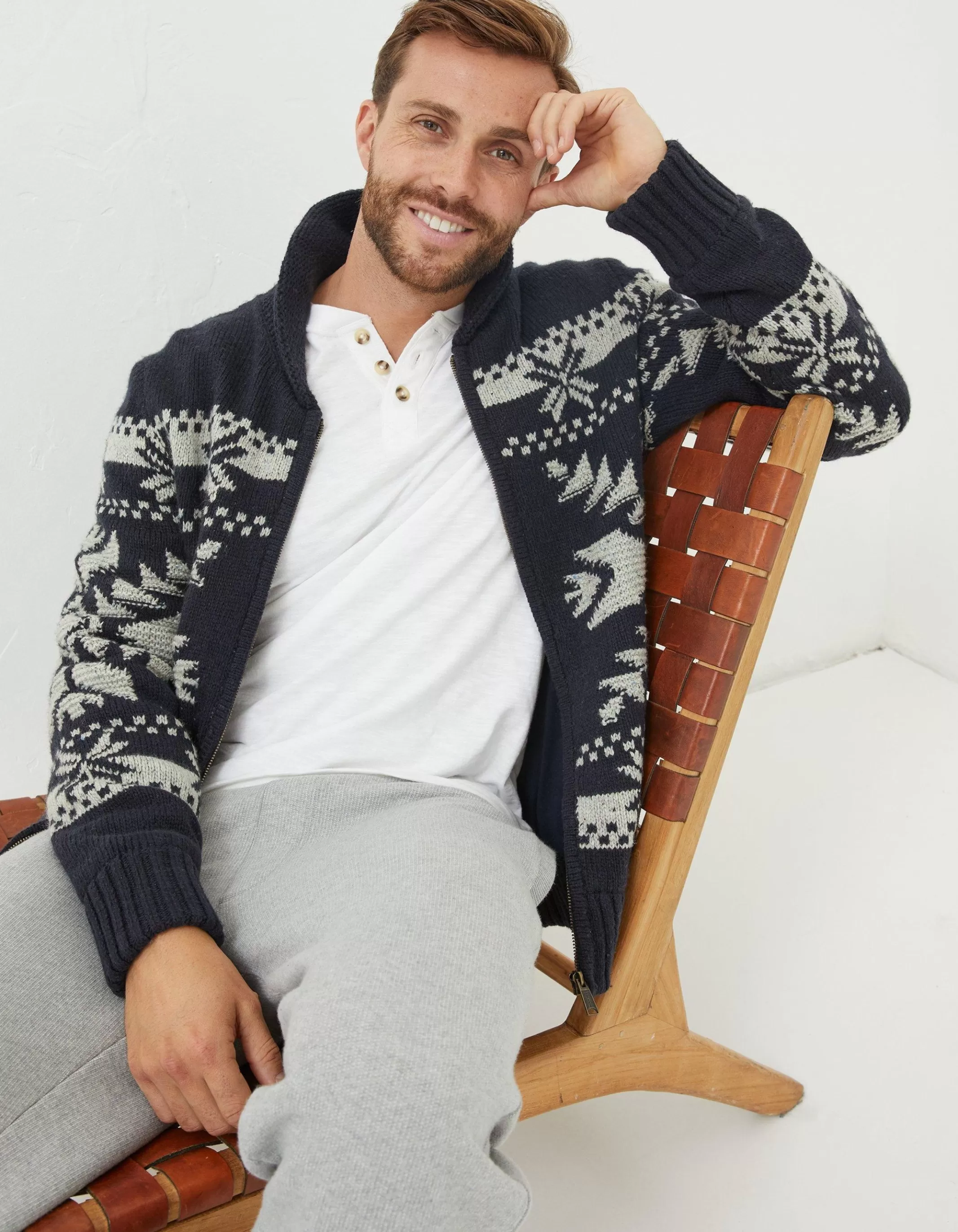 Cheap FatFace Lanark Shawl Pattern Cardigan Navy