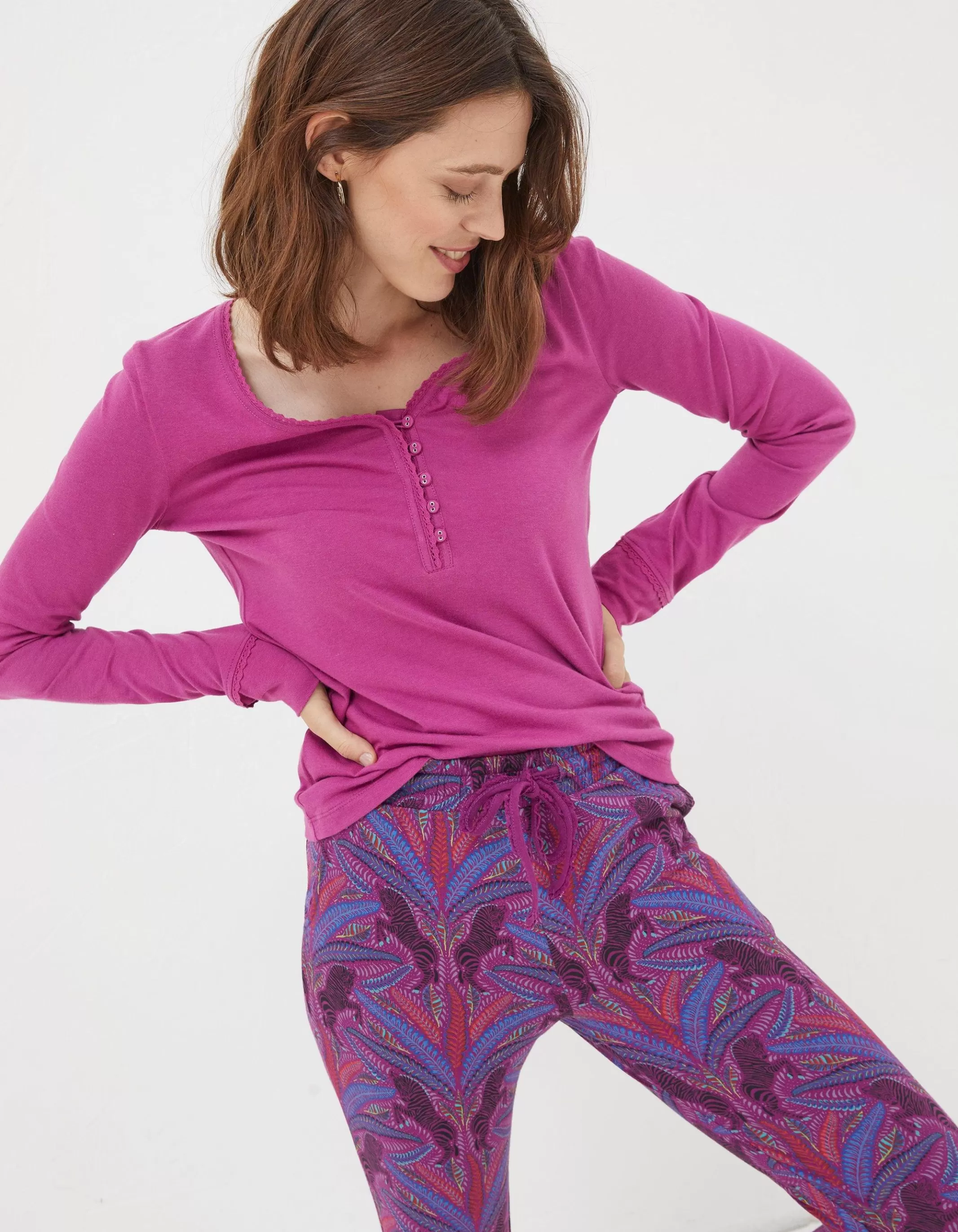 Online FatFace Livvy Henley Top Fuchsia Pink