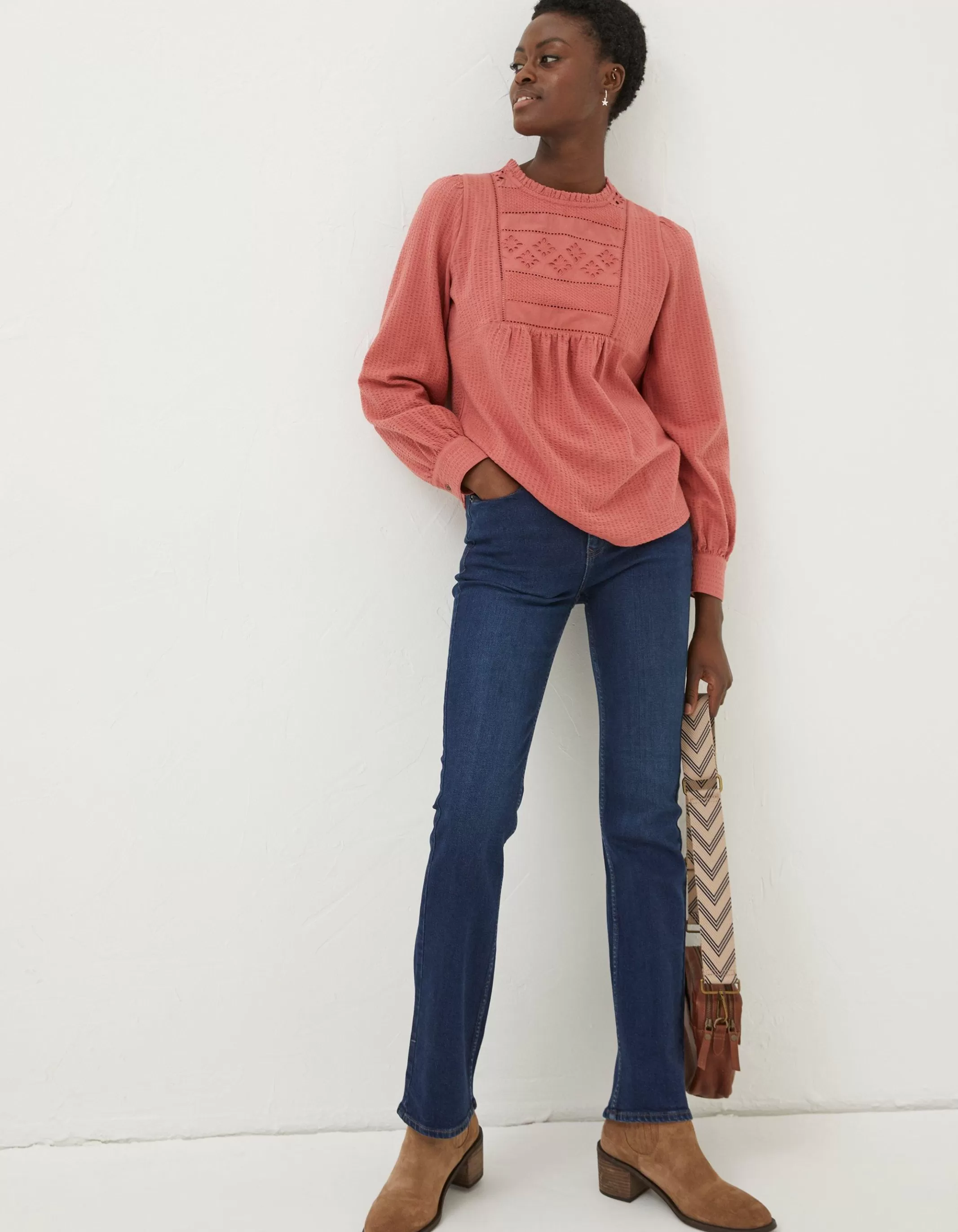 Best Sale FatFace Liza Broderie Top Washed Red