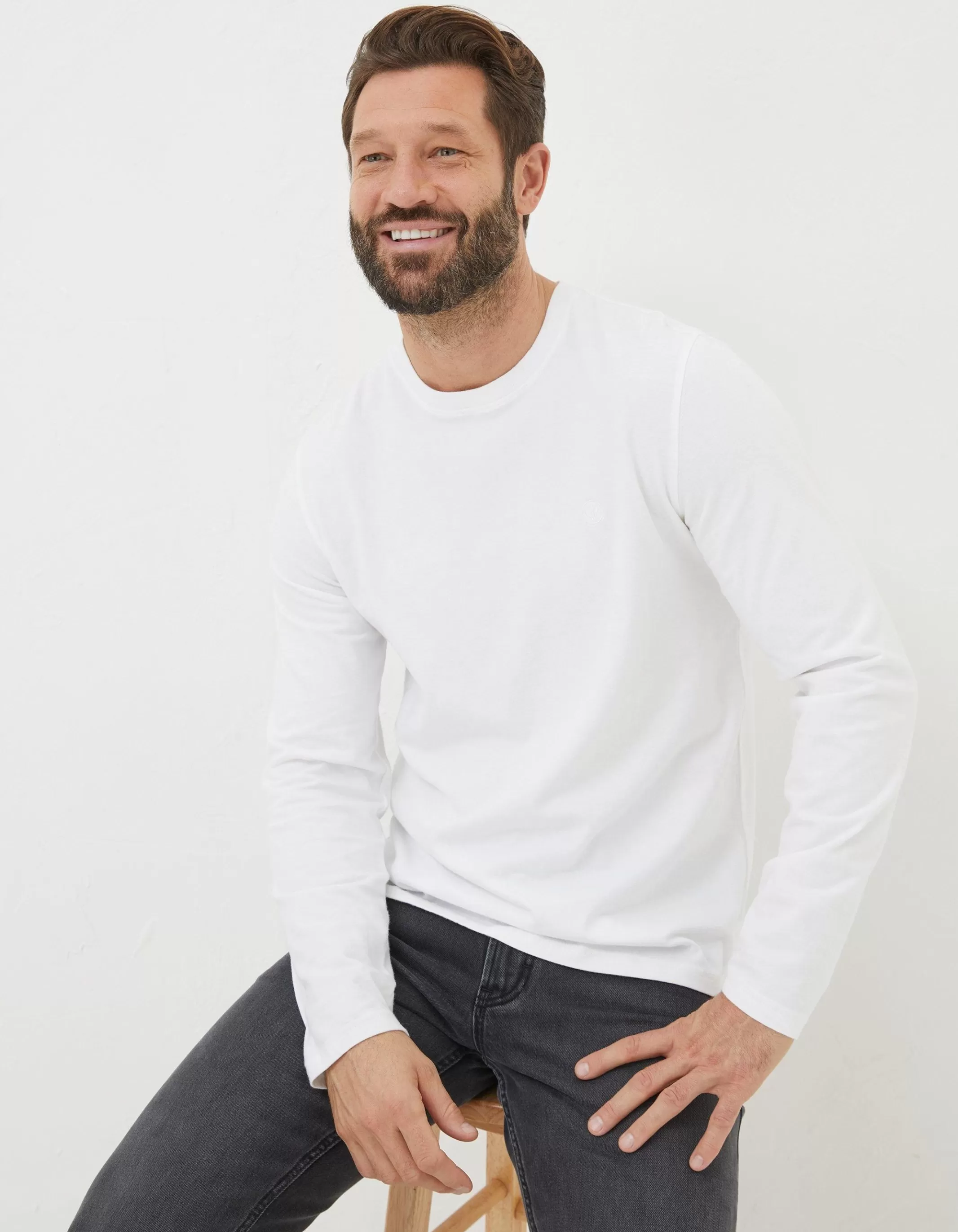 New FatFace Long Sleeve Lulworth Crew Neck T-Shirt White