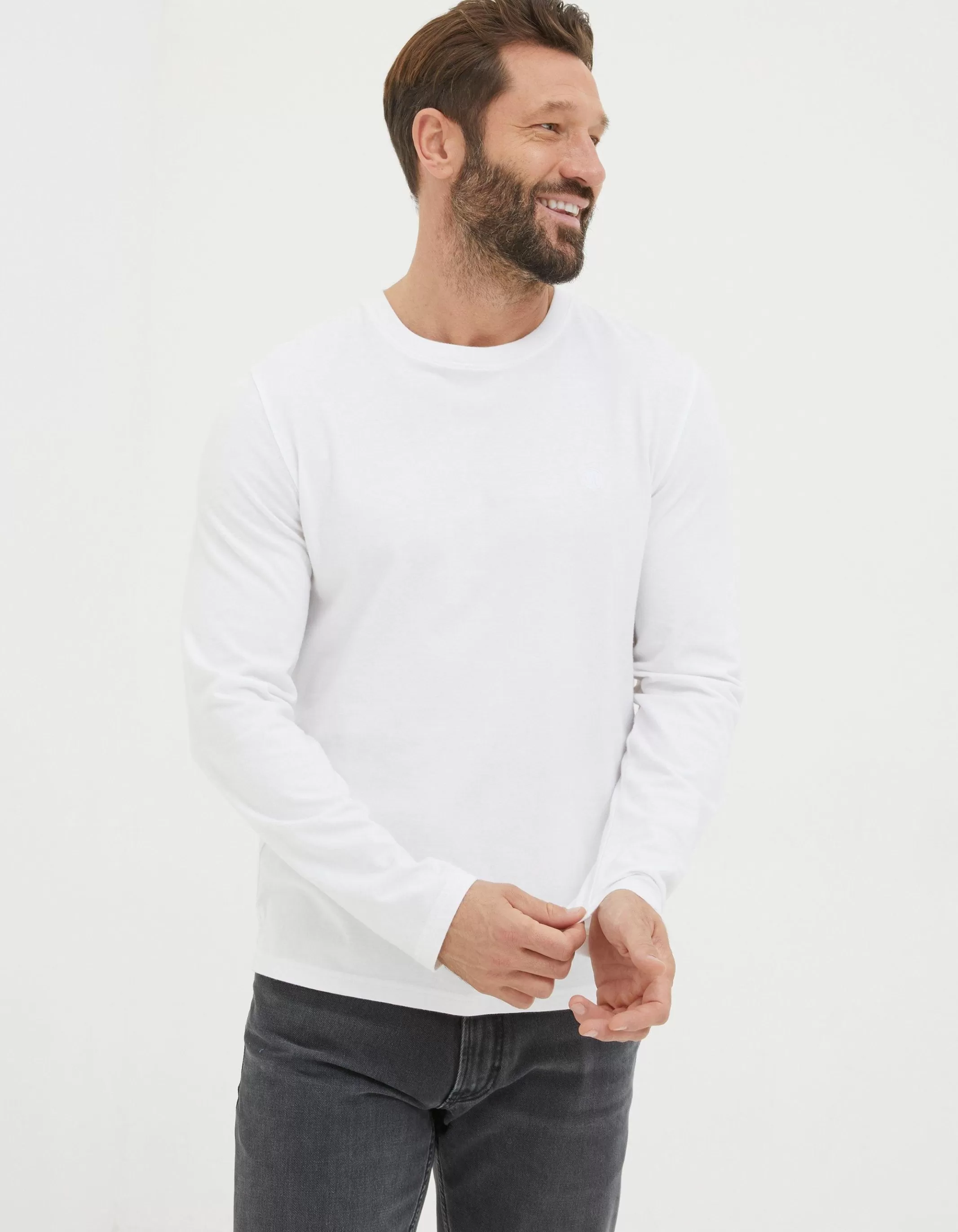 New FatFace Long Sleeve Lulworth Crew Neck T-Shirt White