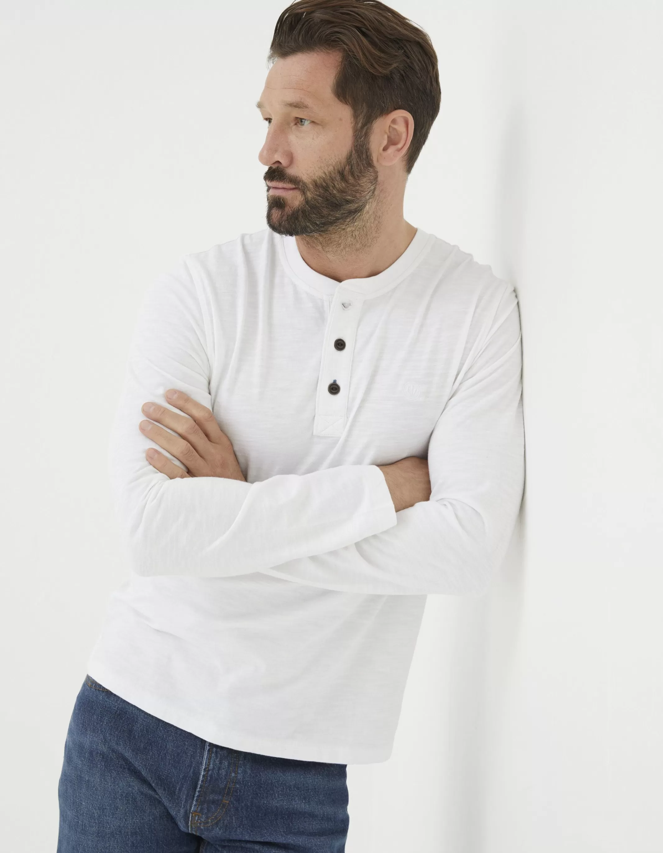 Cheap FatFace Long Sleeve Slub Henley T Shirt White