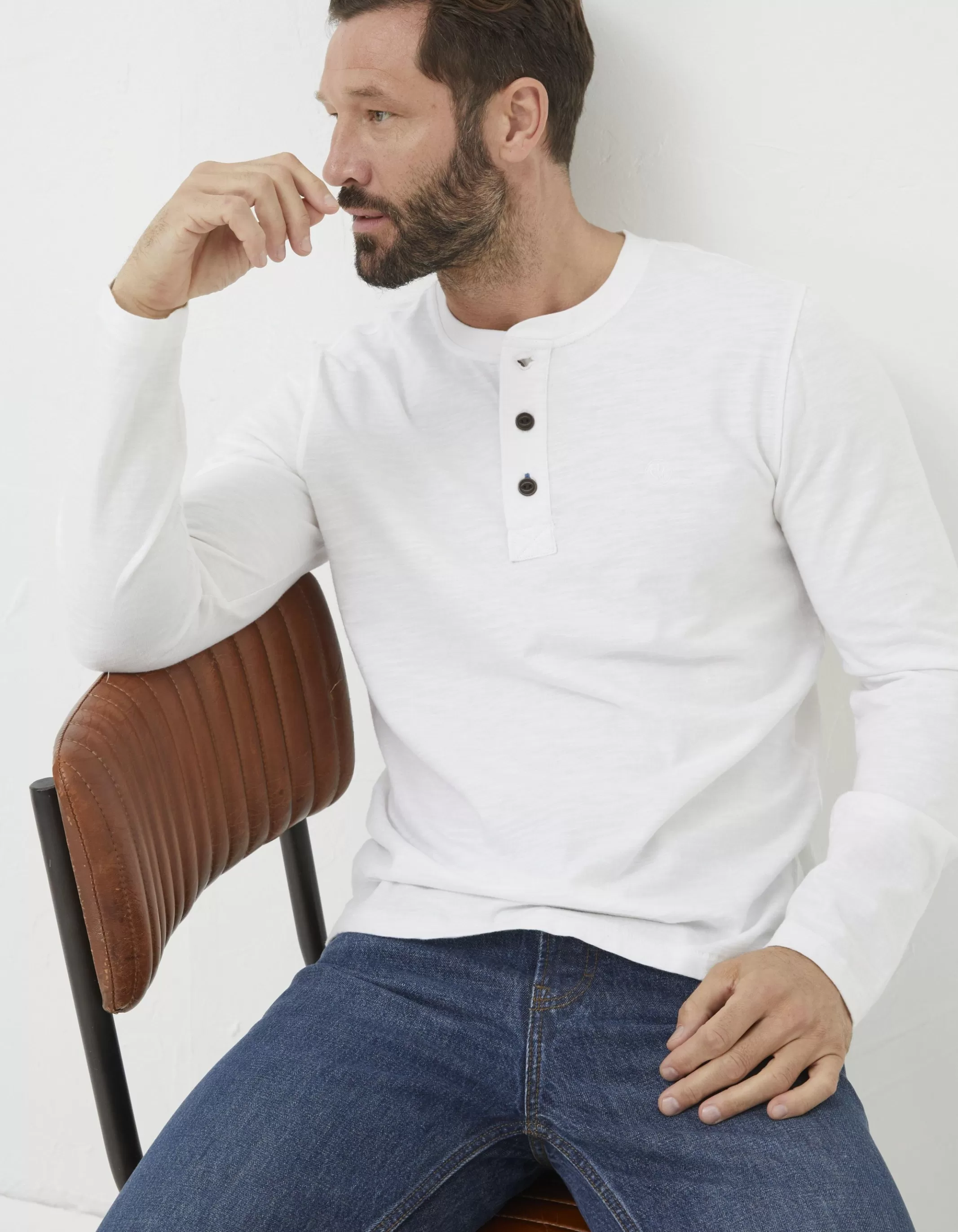 Cheap FatFace Long Sleeve Slub Henley T Shirt White