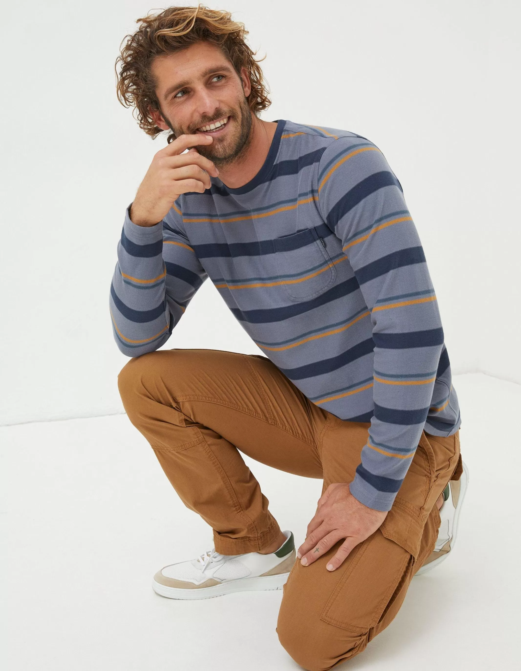 Clearance FatFace Long Sleeve Stripe Pocket Crew Dusky Blue