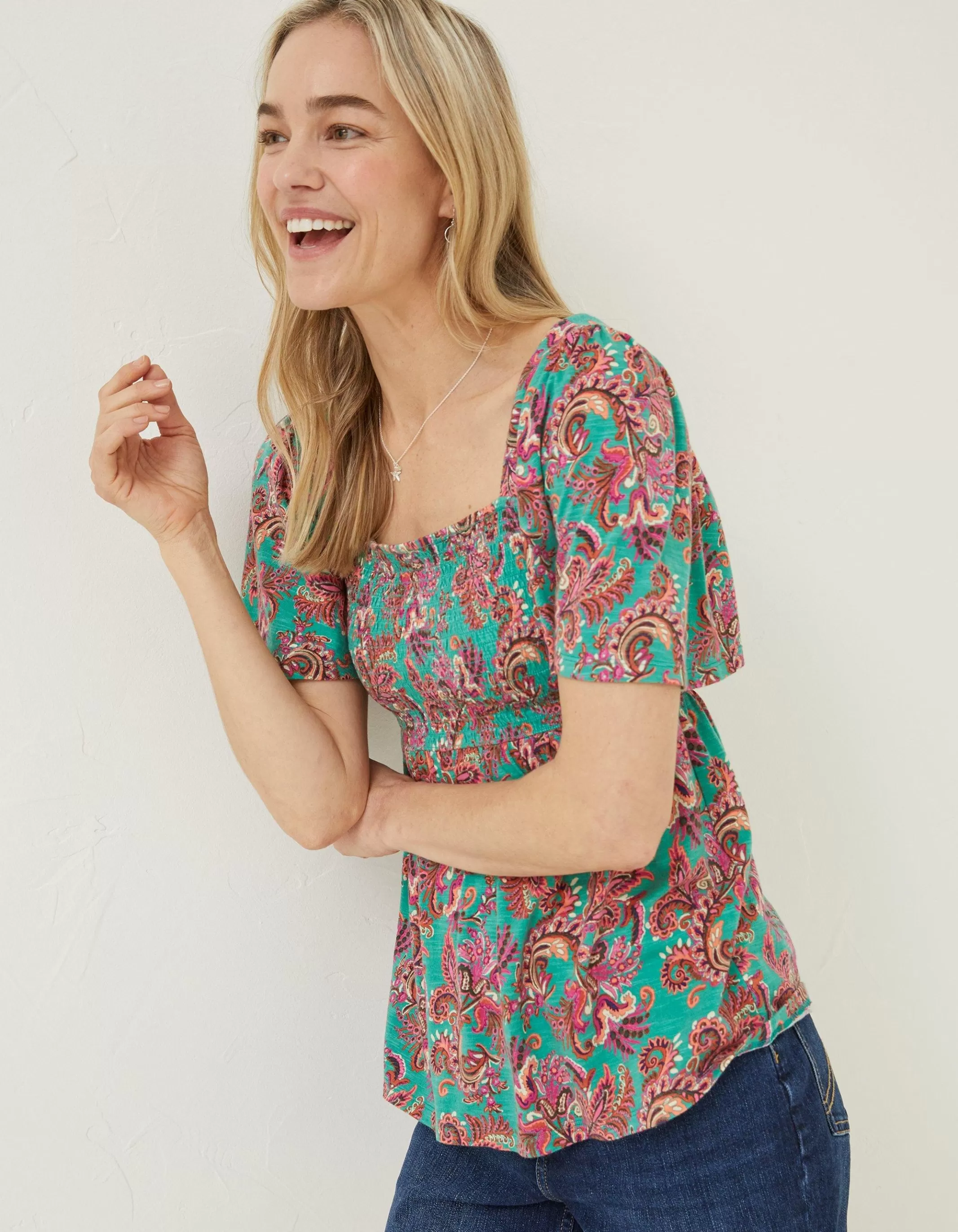 Online FatFace Lucia Festival Floral Top Teal Green