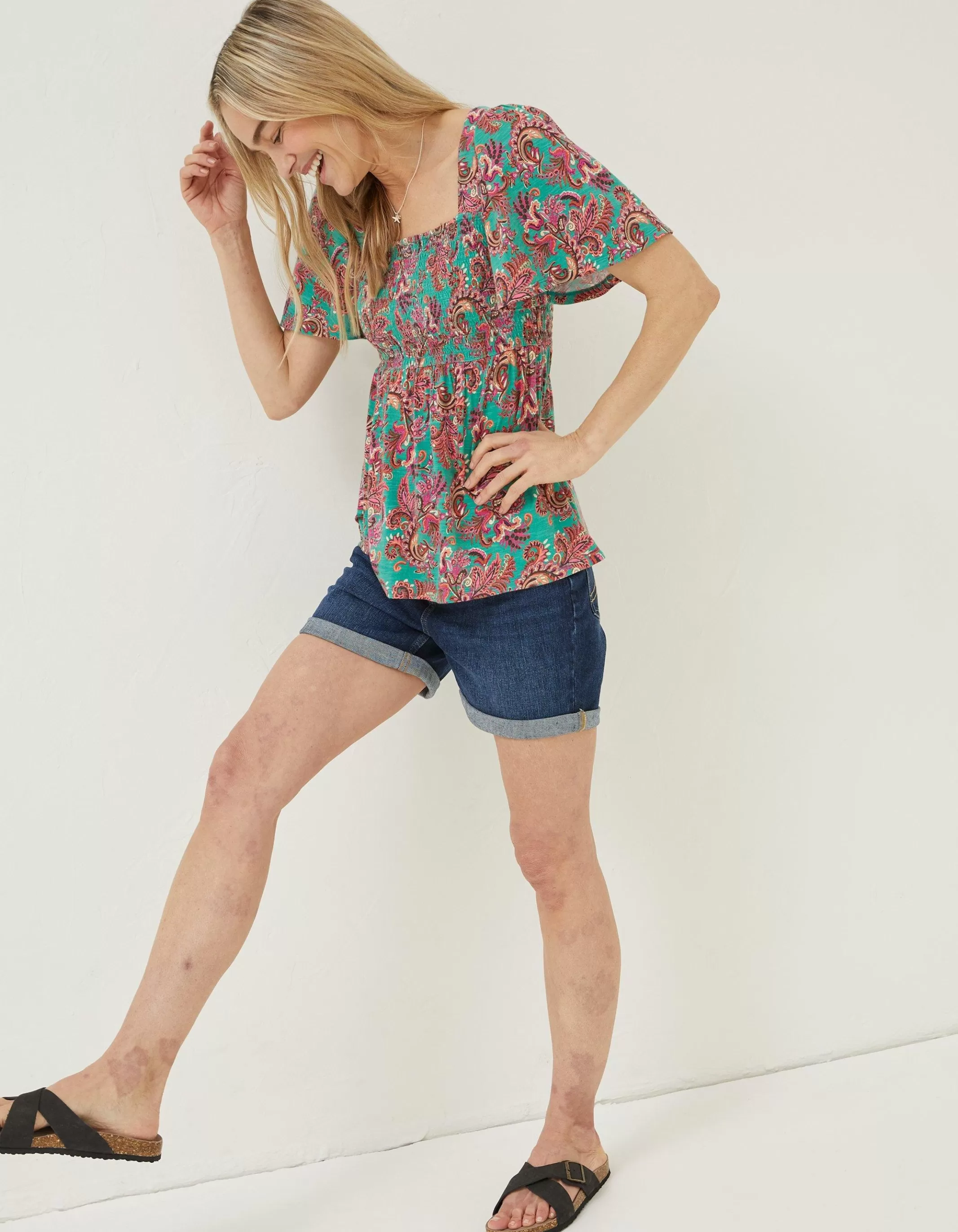 Online FatFace Lucia Festival Floral Top Teal Green