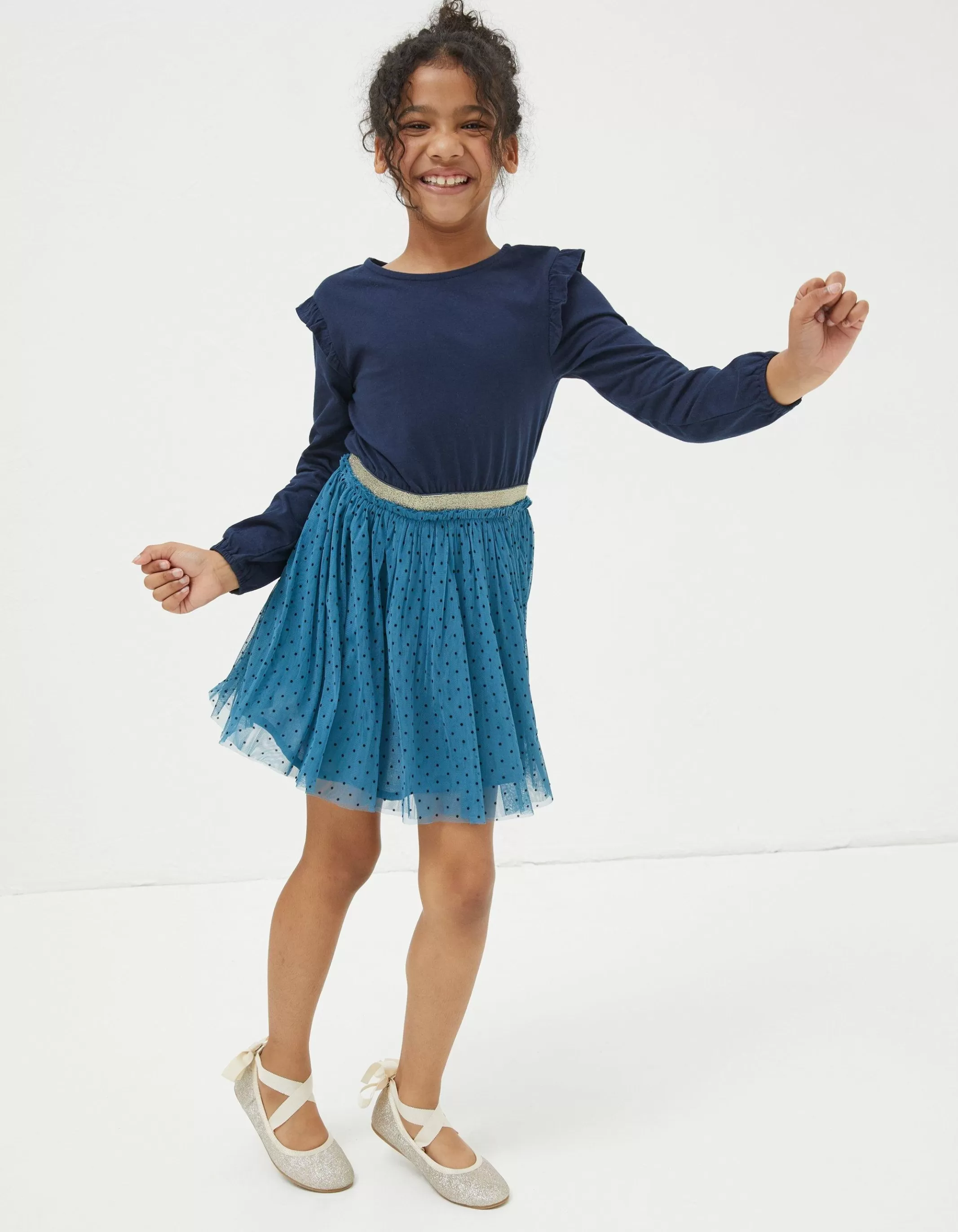 New FatFace Millie Tulle Spot Dress Teal Green