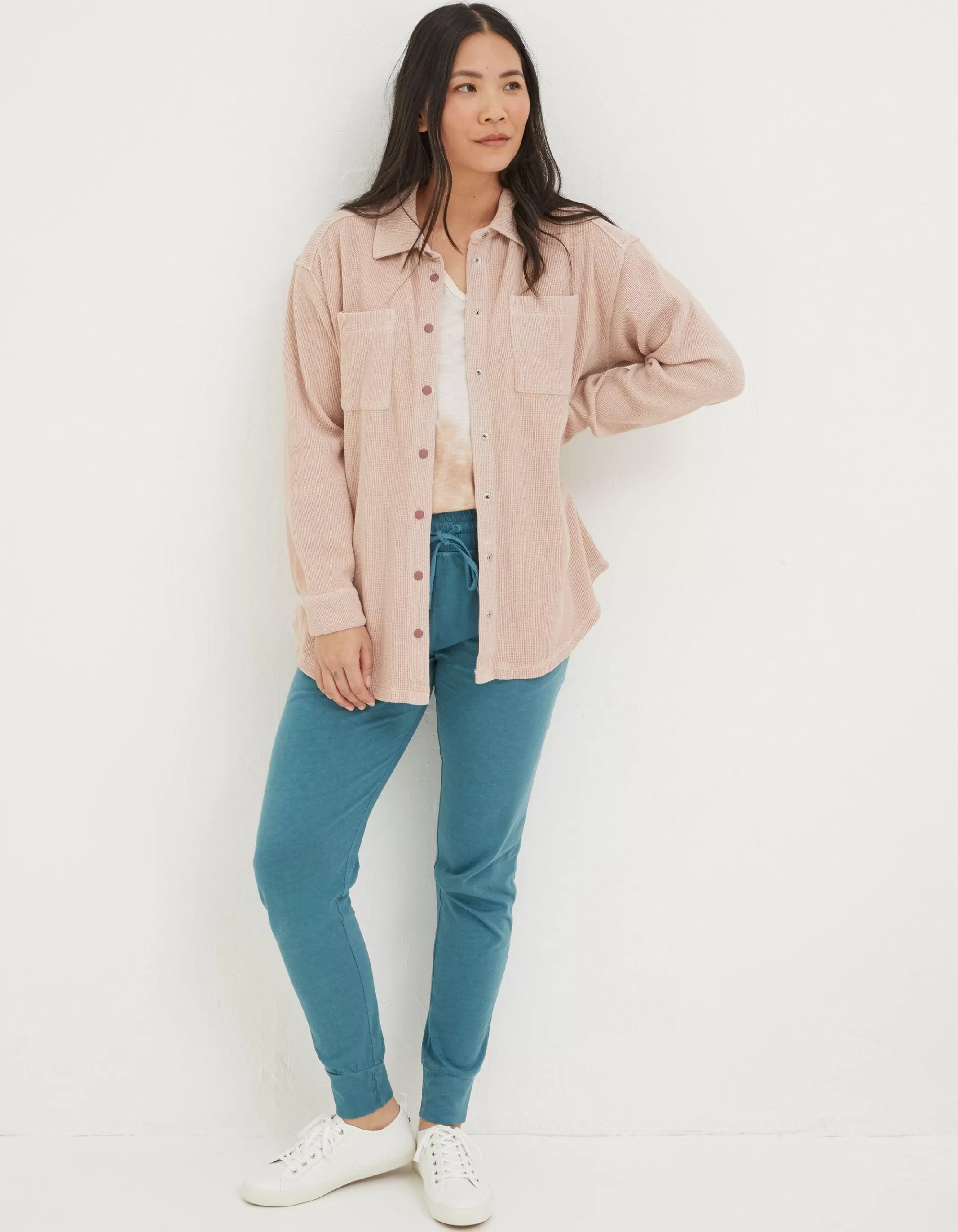 New FatFace Organic Cotton Liza Waffle Shirt Light Pink