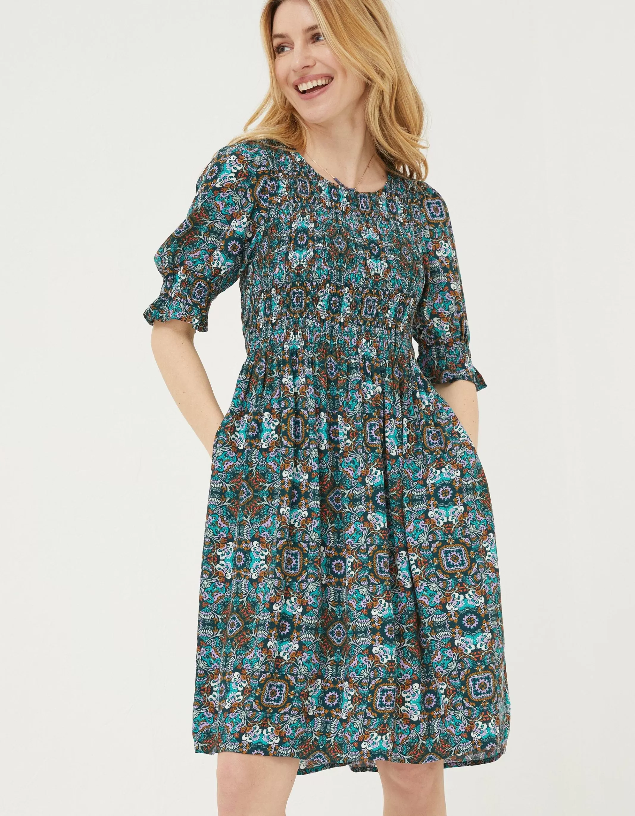 Outlet FatFace Pacey Mirrored Floral Dress Teal Green