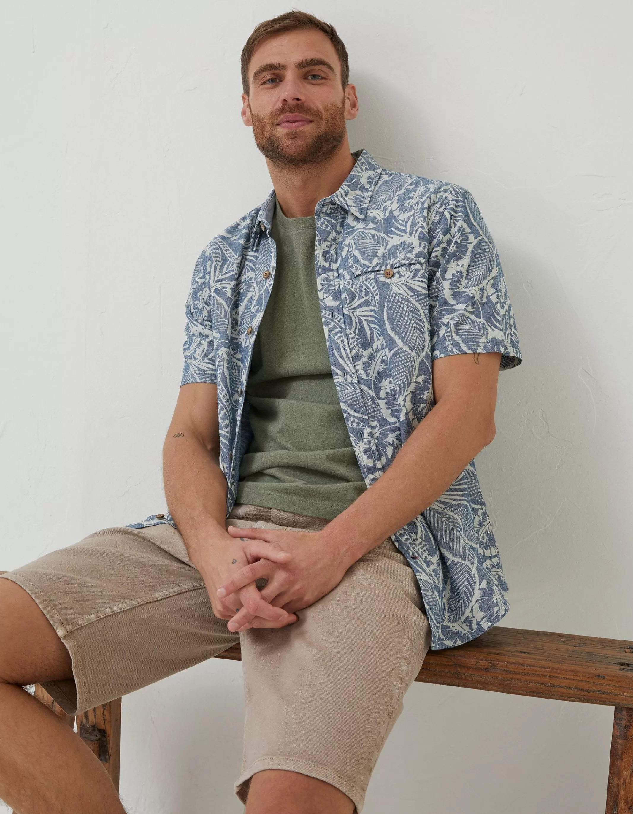 New FatFace Paddon Palm Print Shirt Blue
