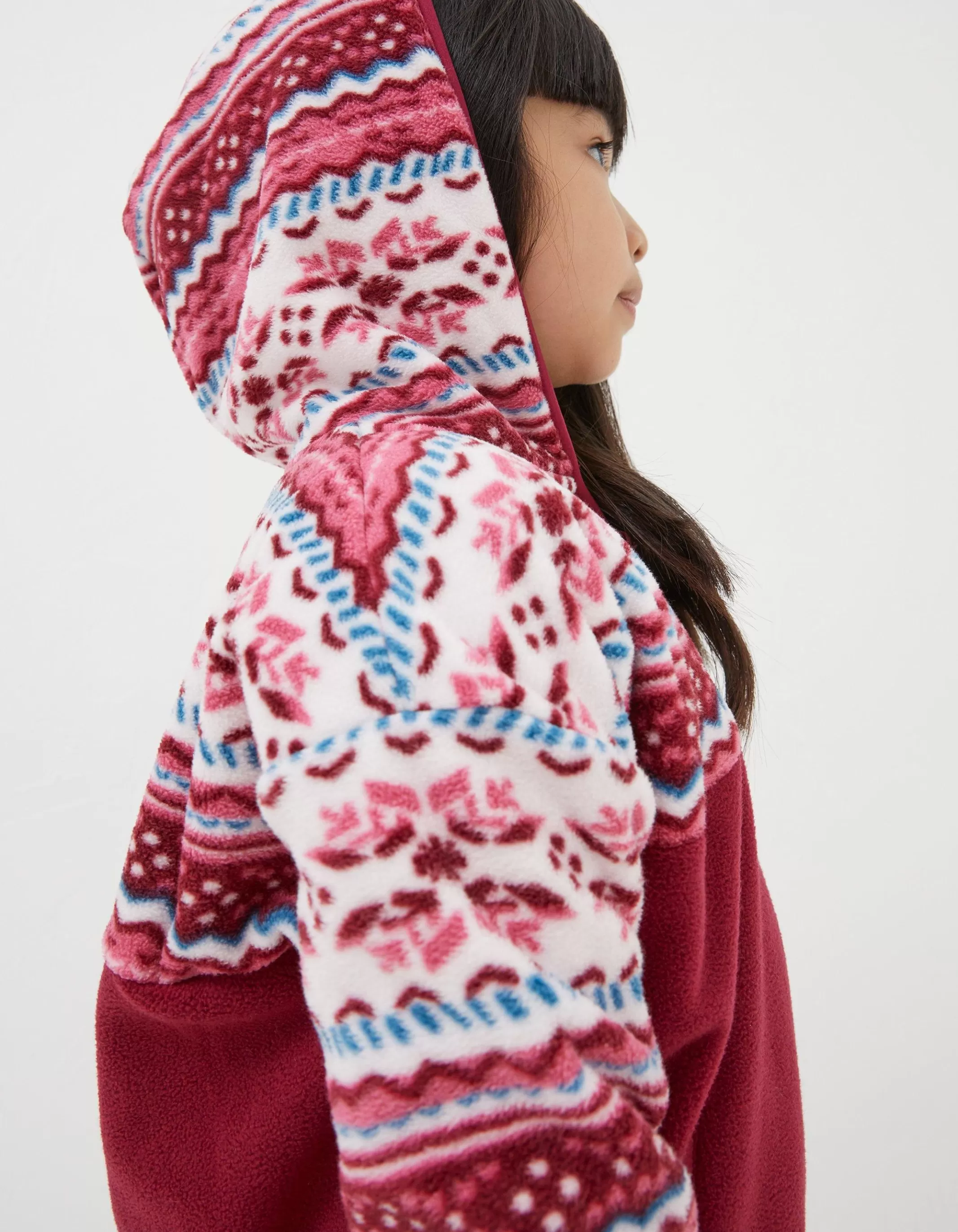 Outlet FatFace Patterned Microfleece Hoodie Rasp Red
