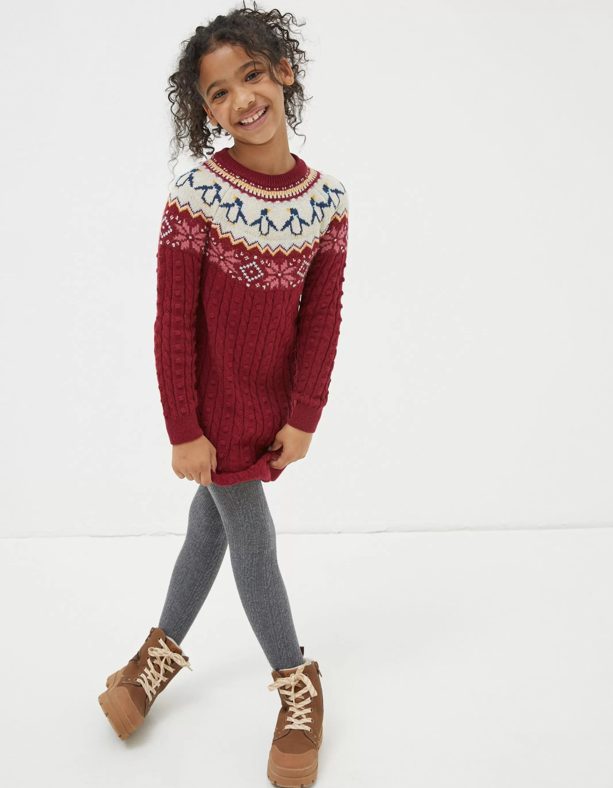 Fashion FatFace Pippa Penguin Knitted Jumper Dress Dark Red