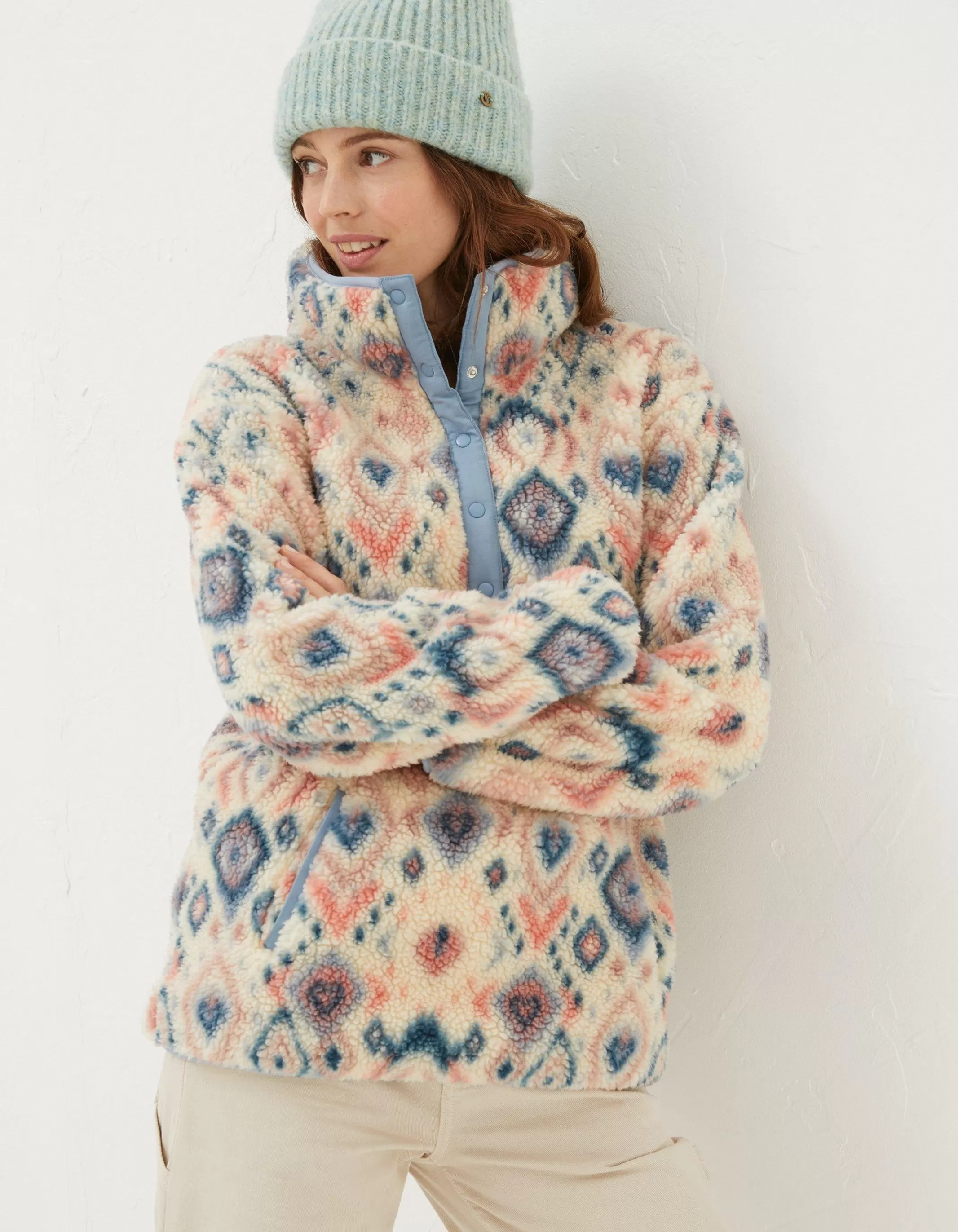 Shop FatFace Printed Half Neck Fleece Ivory