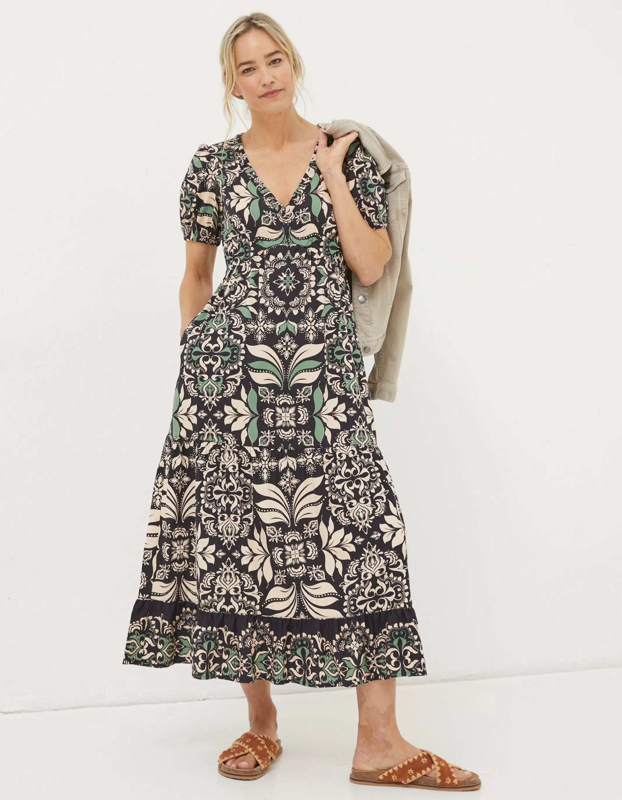 Cheap FatFace Priya Mosaic Leaf Midi Dress Black