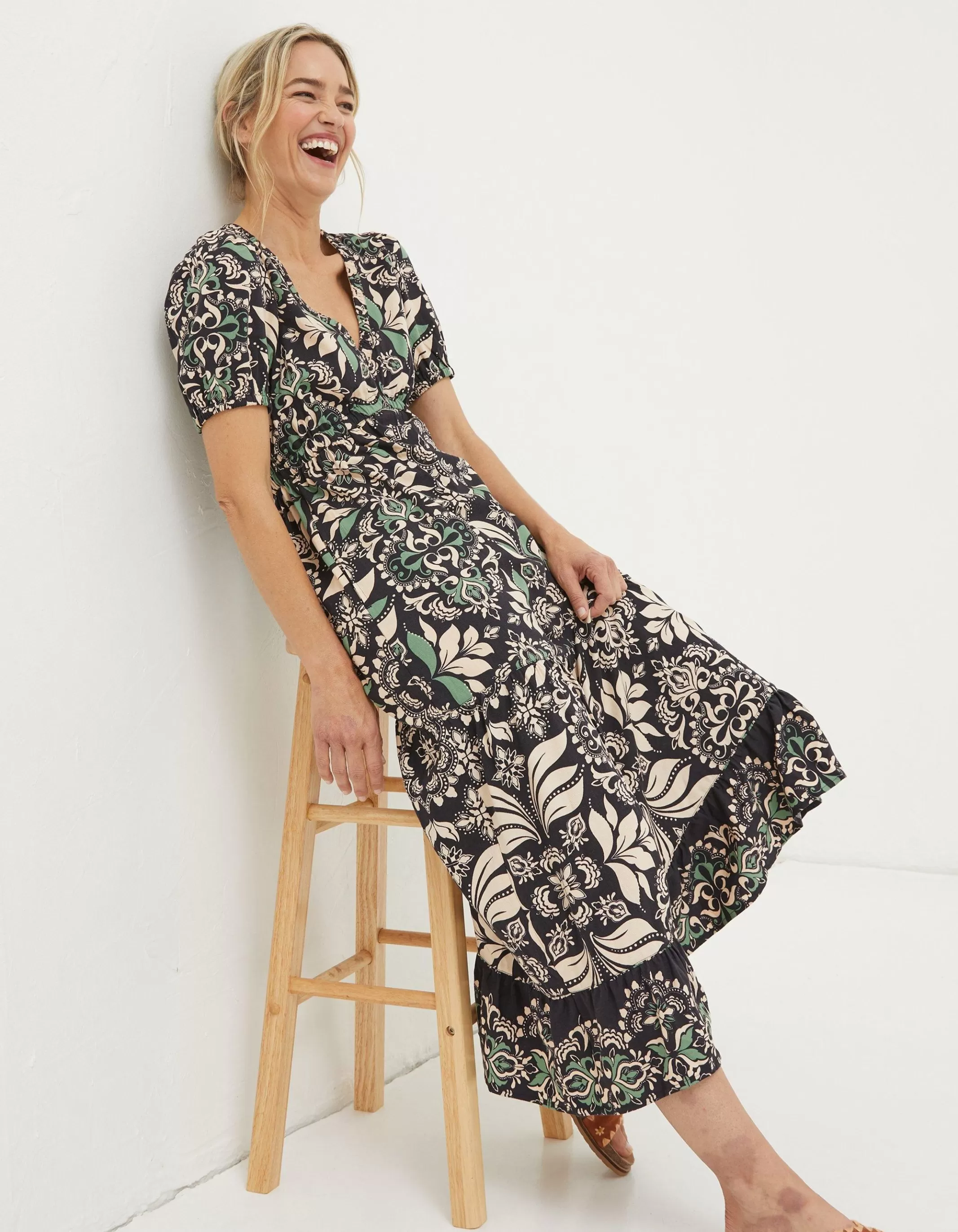 Cheap FatFace Priya Mosaic Leaf Midi Dress Black