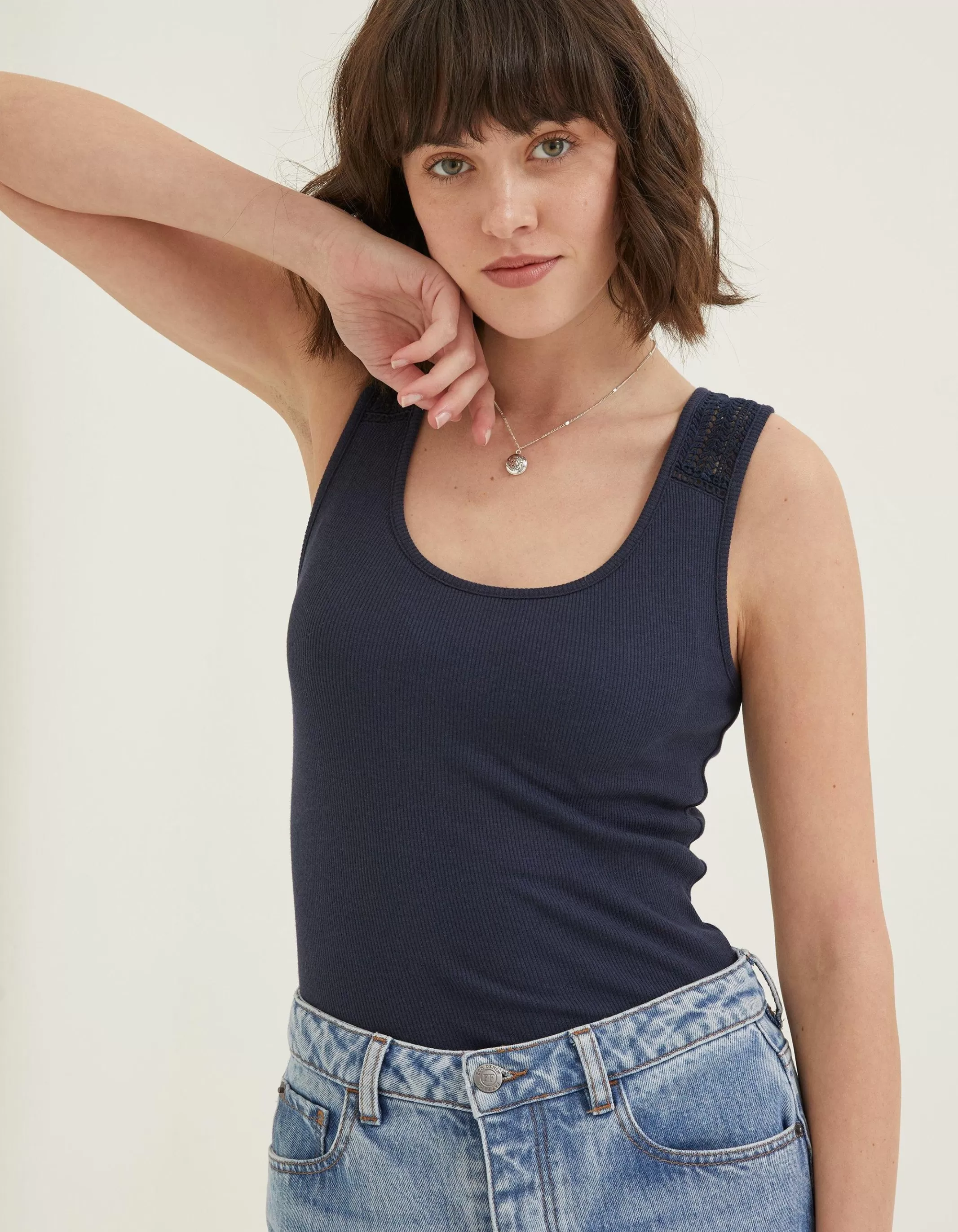Cheap FatFace Romy Lace Trim Vest Top Navy
