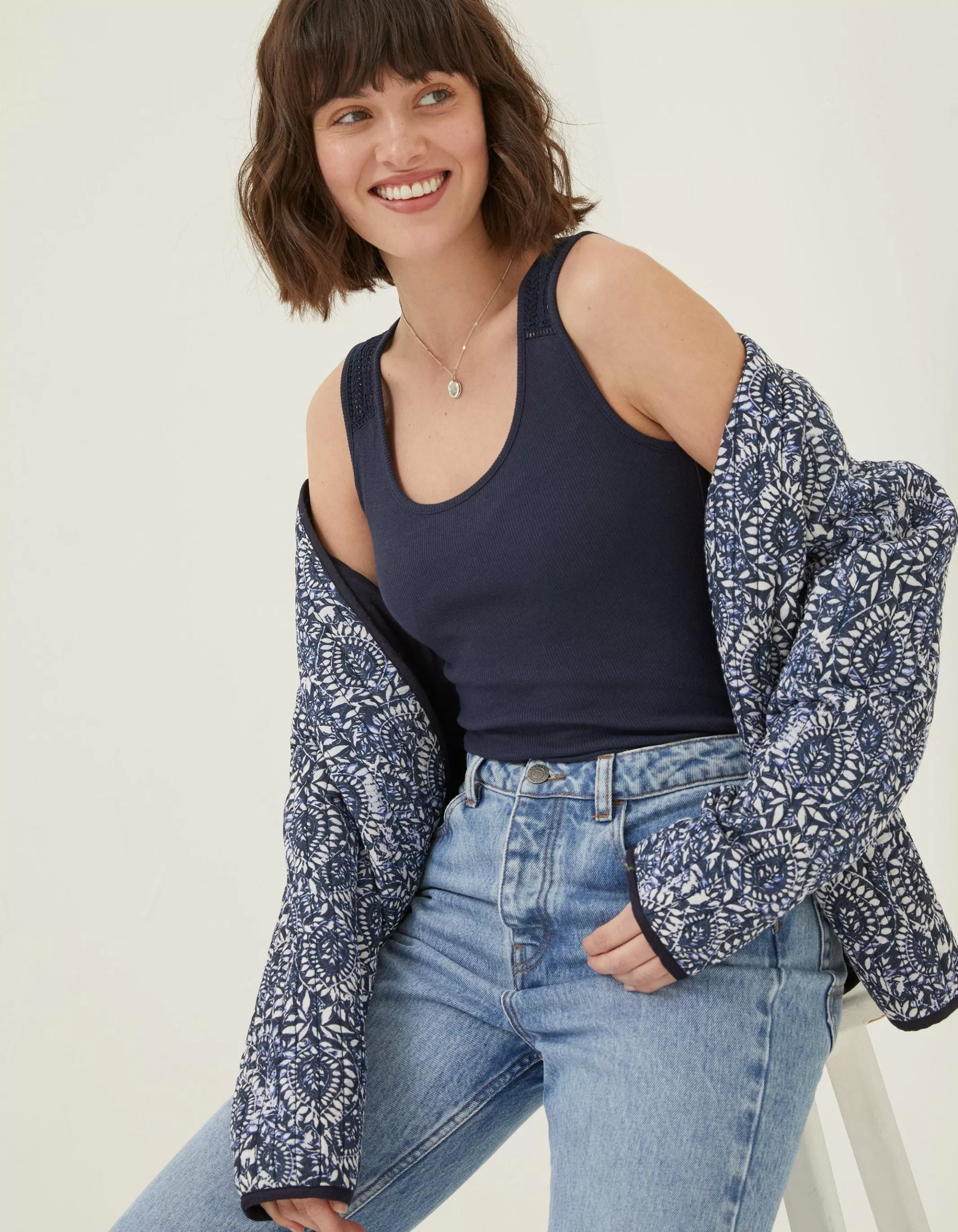 Cheap FatFace Romy Lace Trim Vest Top Navy
