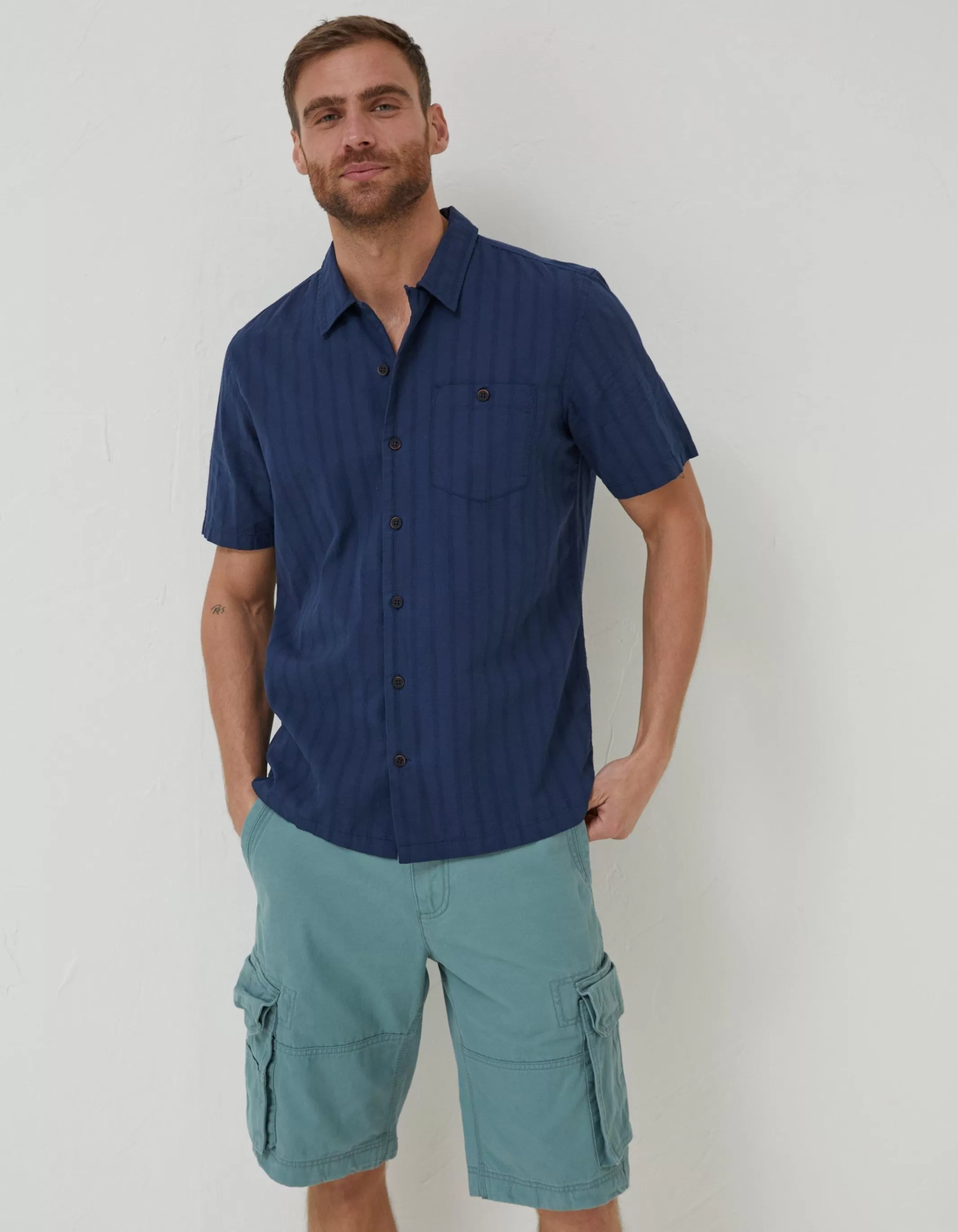 Flash Sale FatFace Self Stripe Revere Shirt Navy