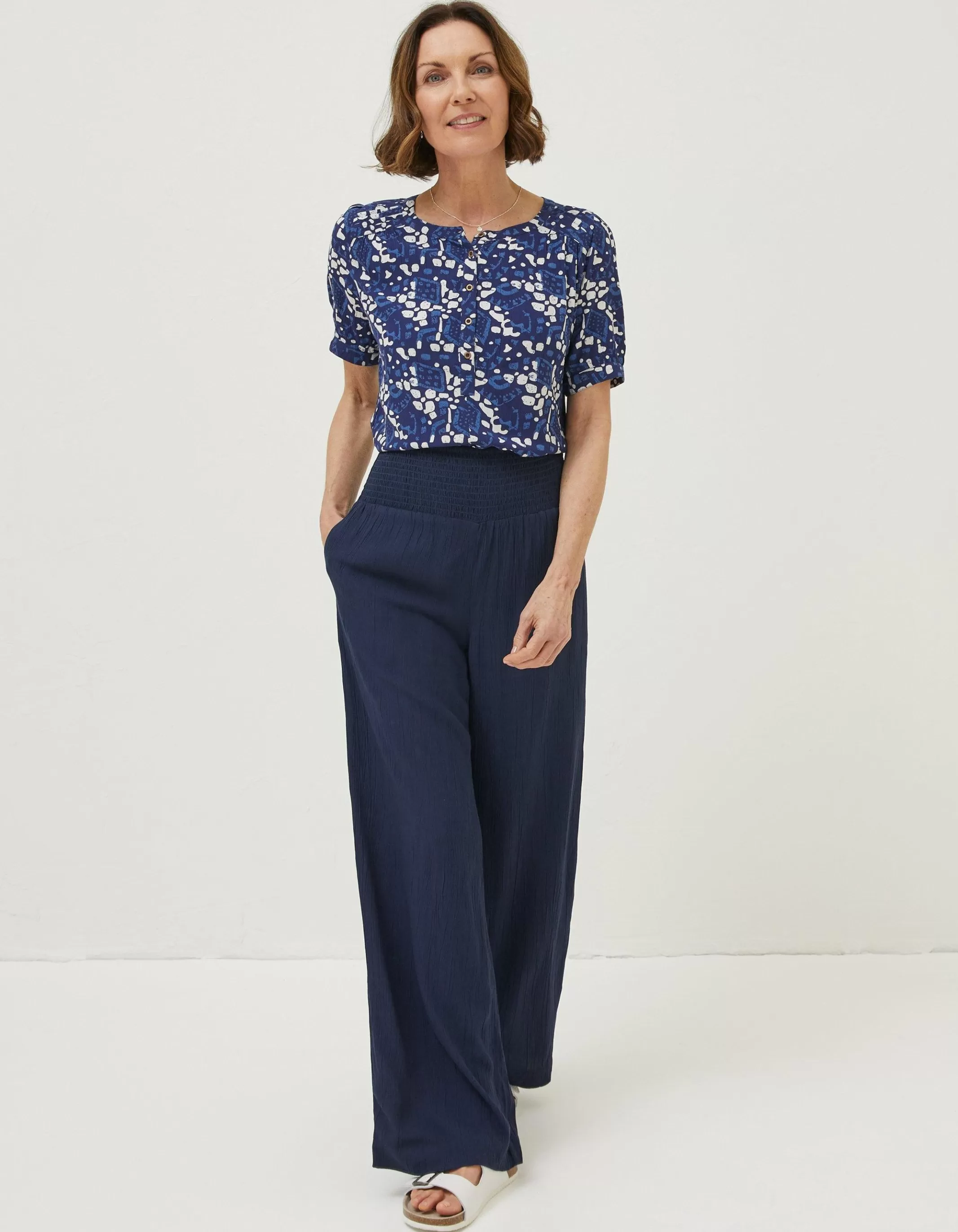 Shop FatFace Shirred Plain Palazzo Trousers Navy