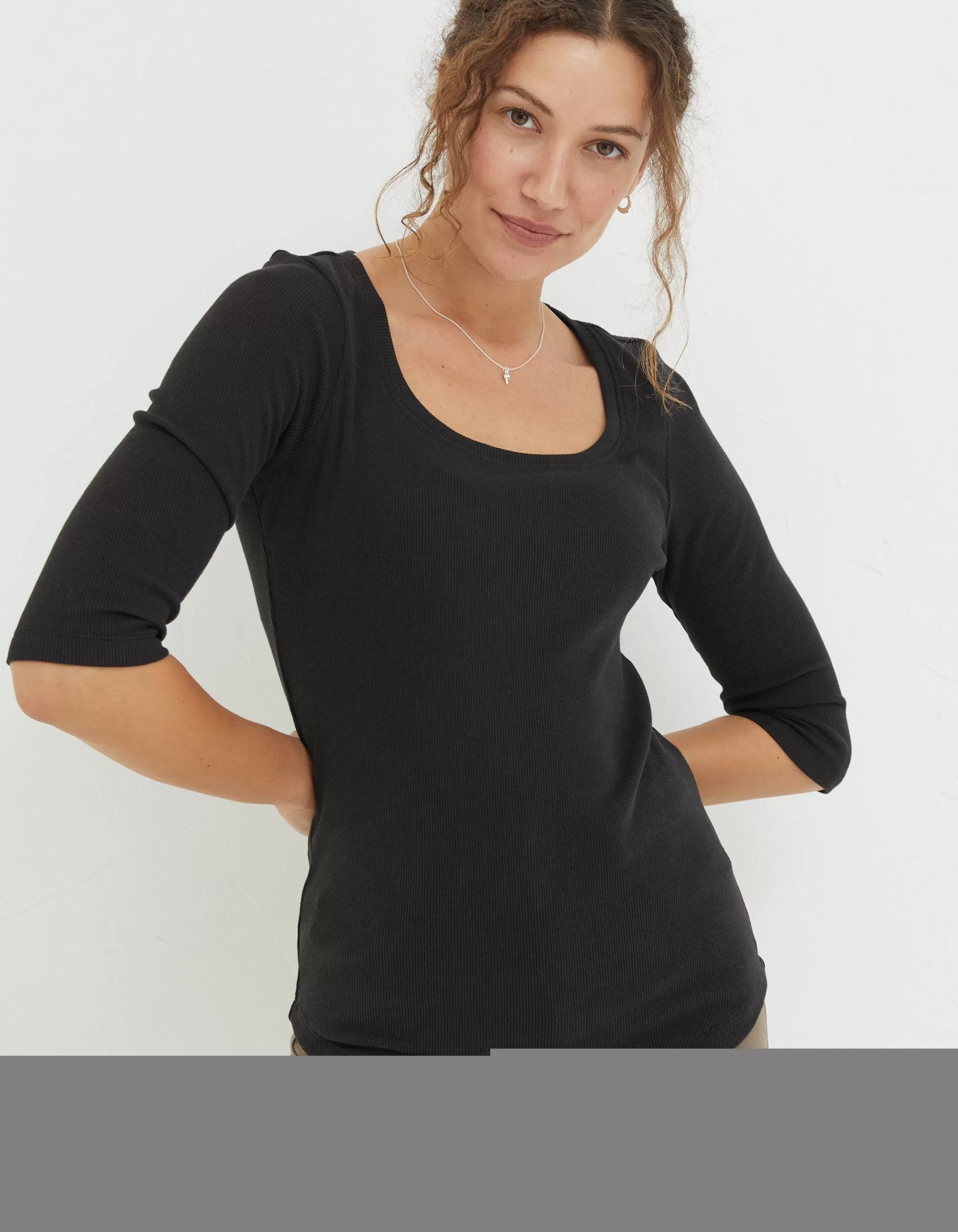 Cheap FatFace Susie Square Neck Rib Top Black